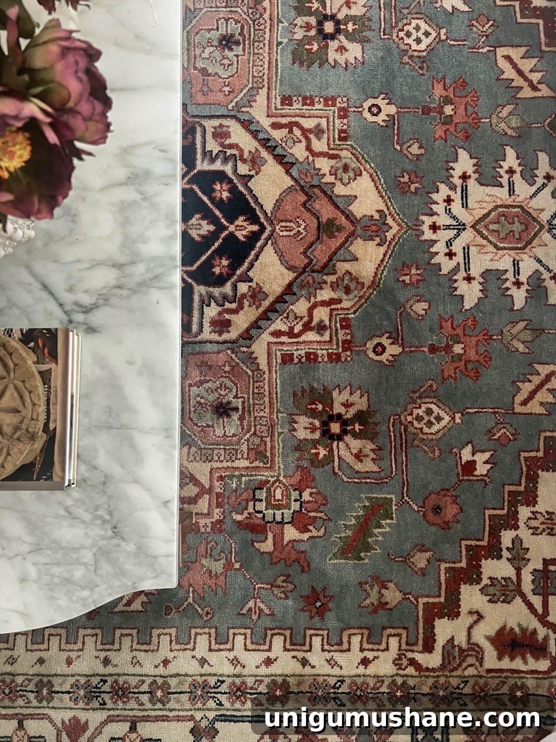 Start Decorating Your Living Room: A Step-by-Step Guide 3 vintage rug with blue, green, burgundy, blush, and cream