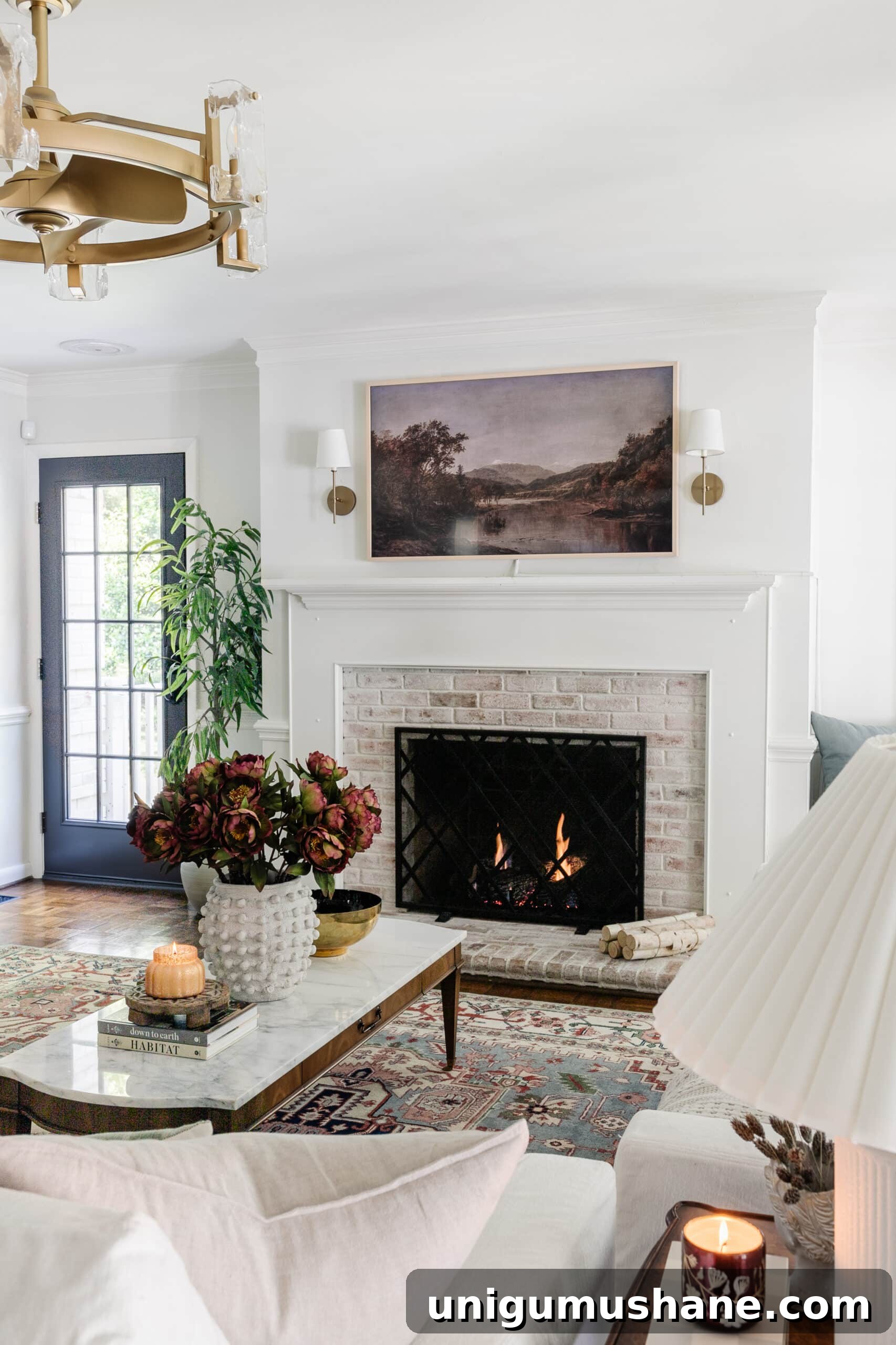 Start Decorating Your Living Room: A Step-by-Step Guide 9 fall coffee table decor in a living room with limewashed brick fireplace