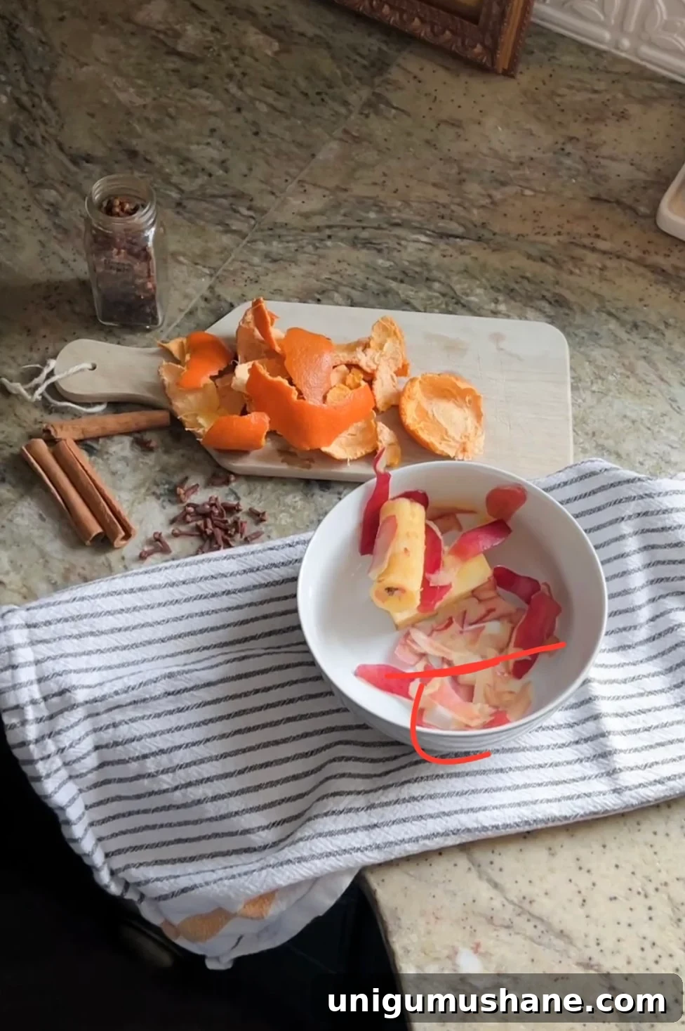 Zero-Waste Simmer Pot Recipe with Kitchen Scraps 4 apple peels and cores and orange peels for simmer pot ingredients