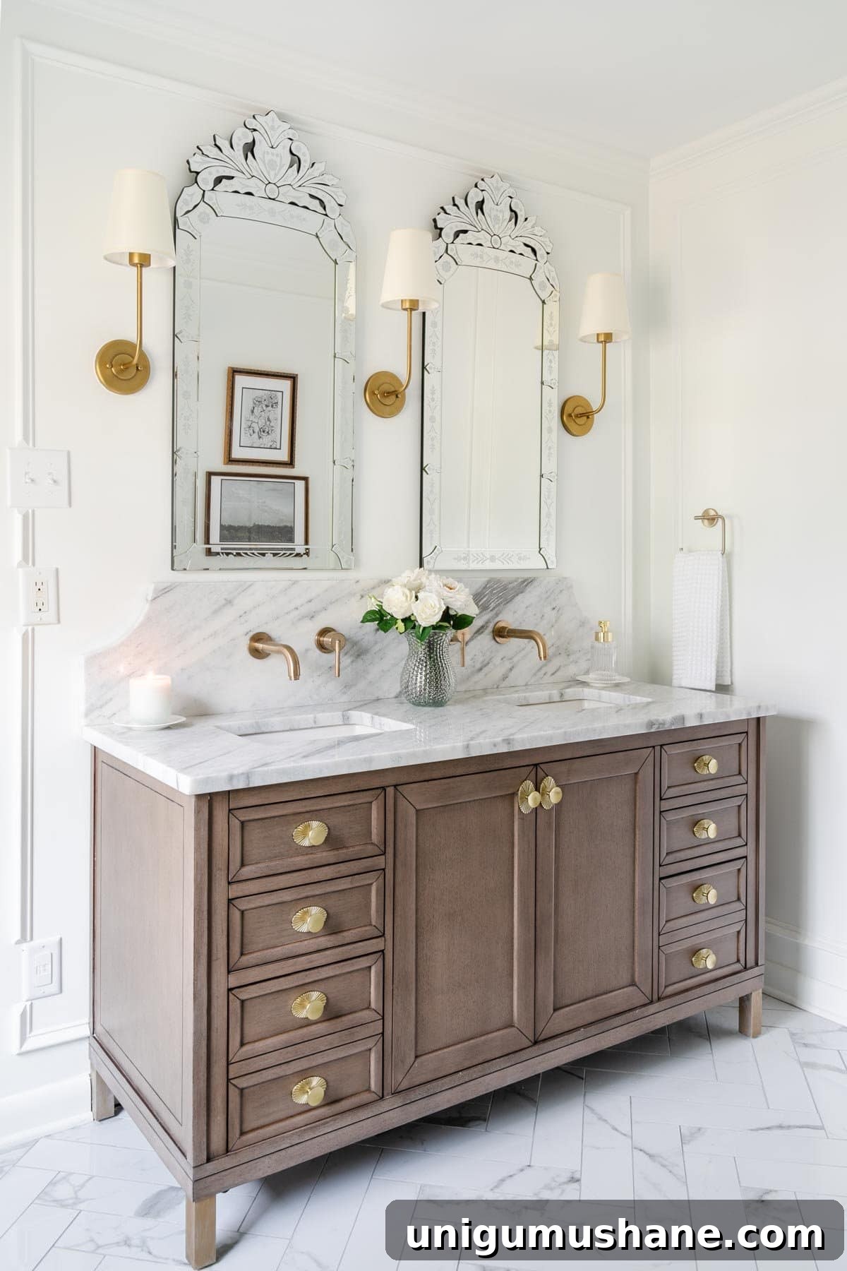 14 Clever Tricks to Make a Small Bathroom Look Bigger 4 French inspired master bathroom remodel with marble countertop and herringbone tile