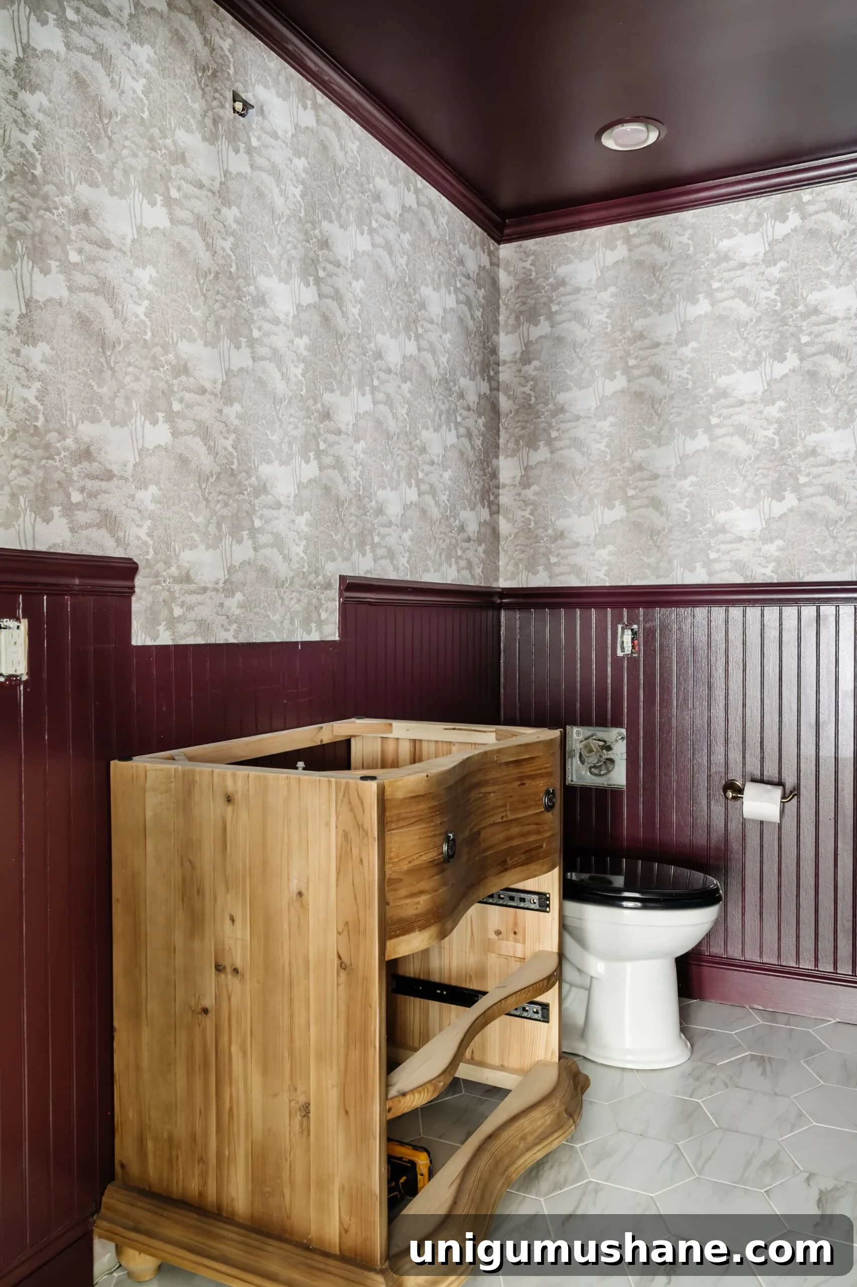 Modern French Toile Wallpaper: Chic French-Style Patterns 2 Farrow & Ball Brinjal paint with modern toile wallpaper Saint Sebastian in a powder room