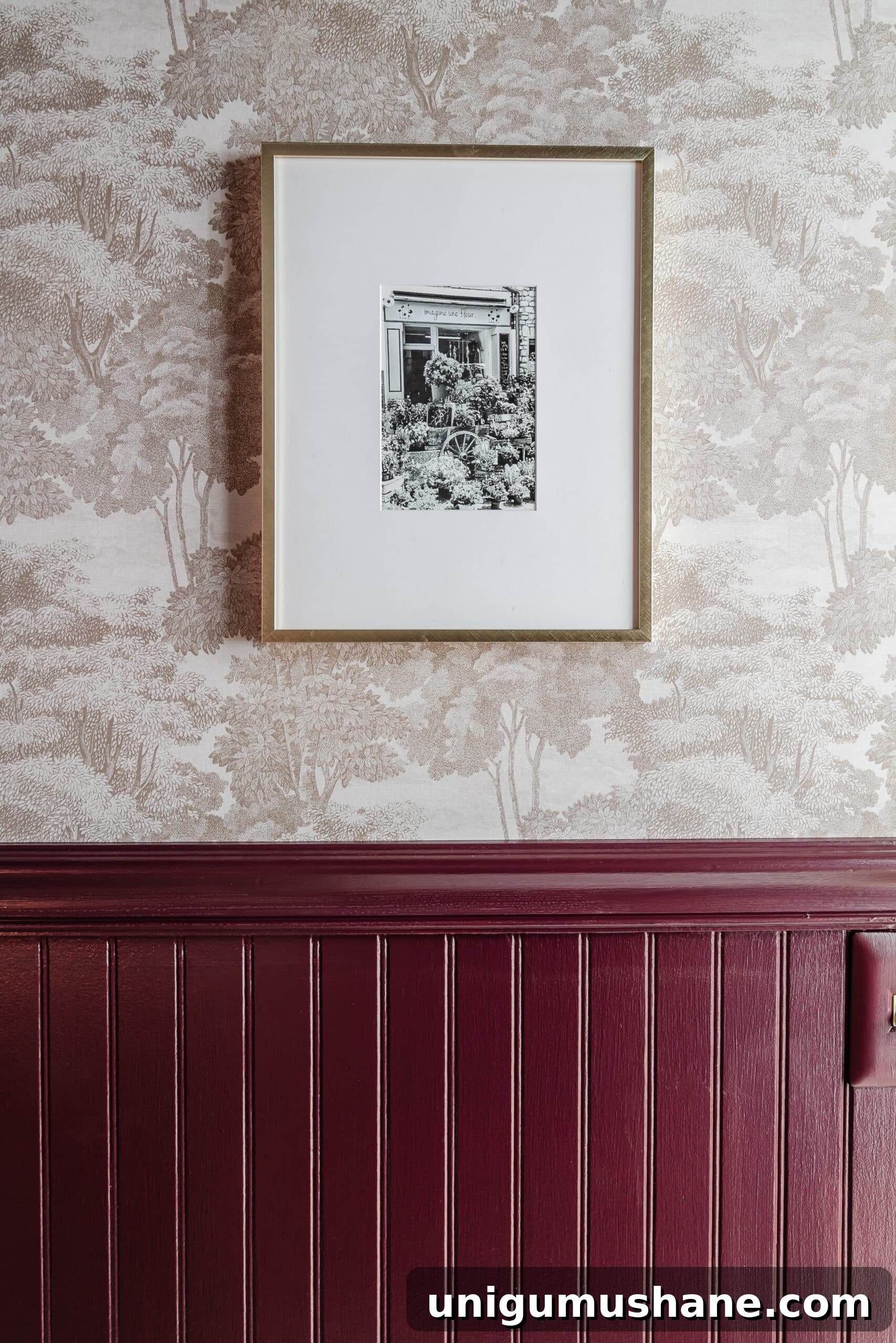 Transform a Windowless Half Bath: Small Powder Room Makeover 11 Rebel Walls Saint Sebastian wallpaper and beadboard painted Farrow and Ball Brinjal