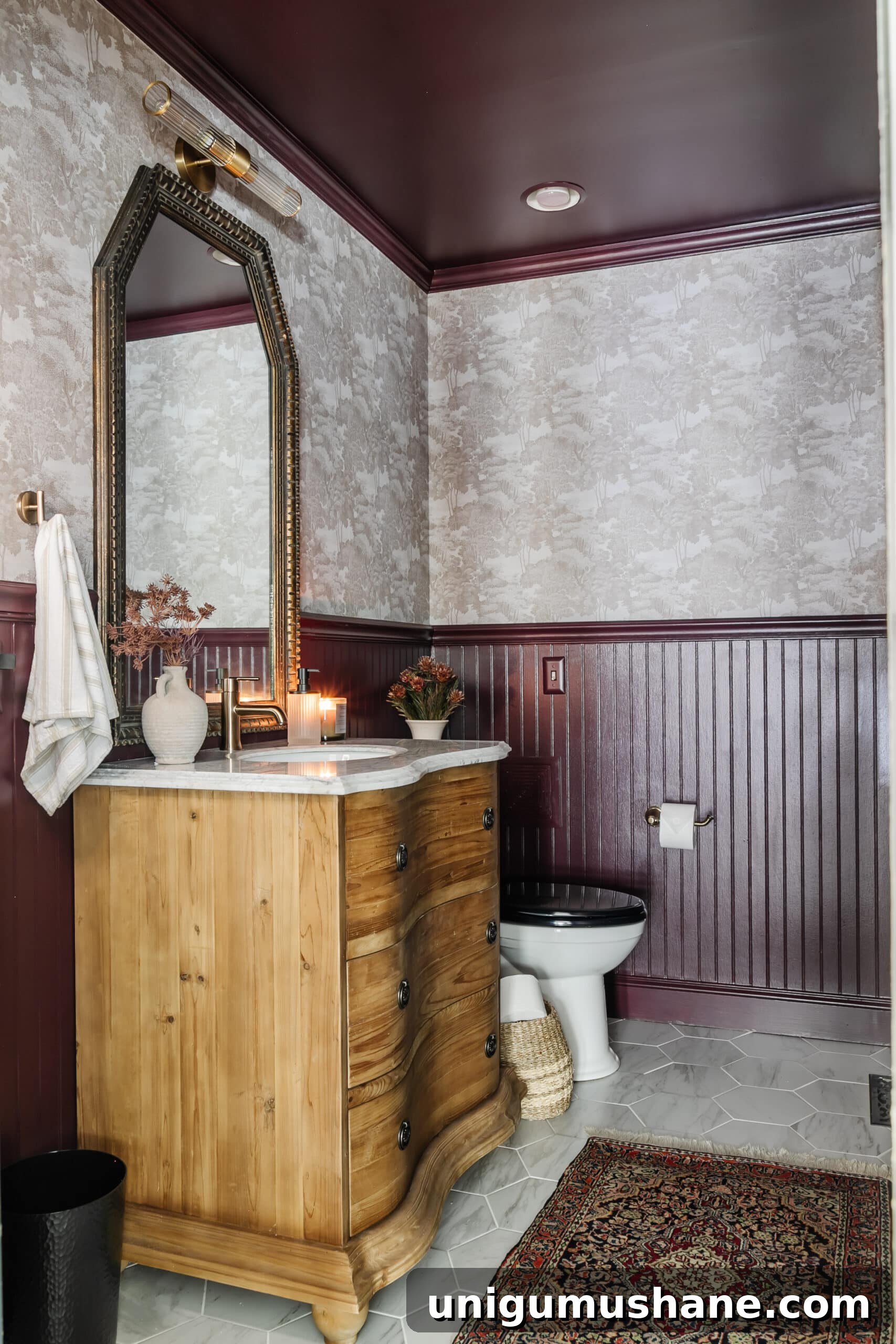 Transform a Windowless Half Bath: Small Powder Room Makeover 14 windowless small powder room with vintage dresser vanity and marble hexagon floors