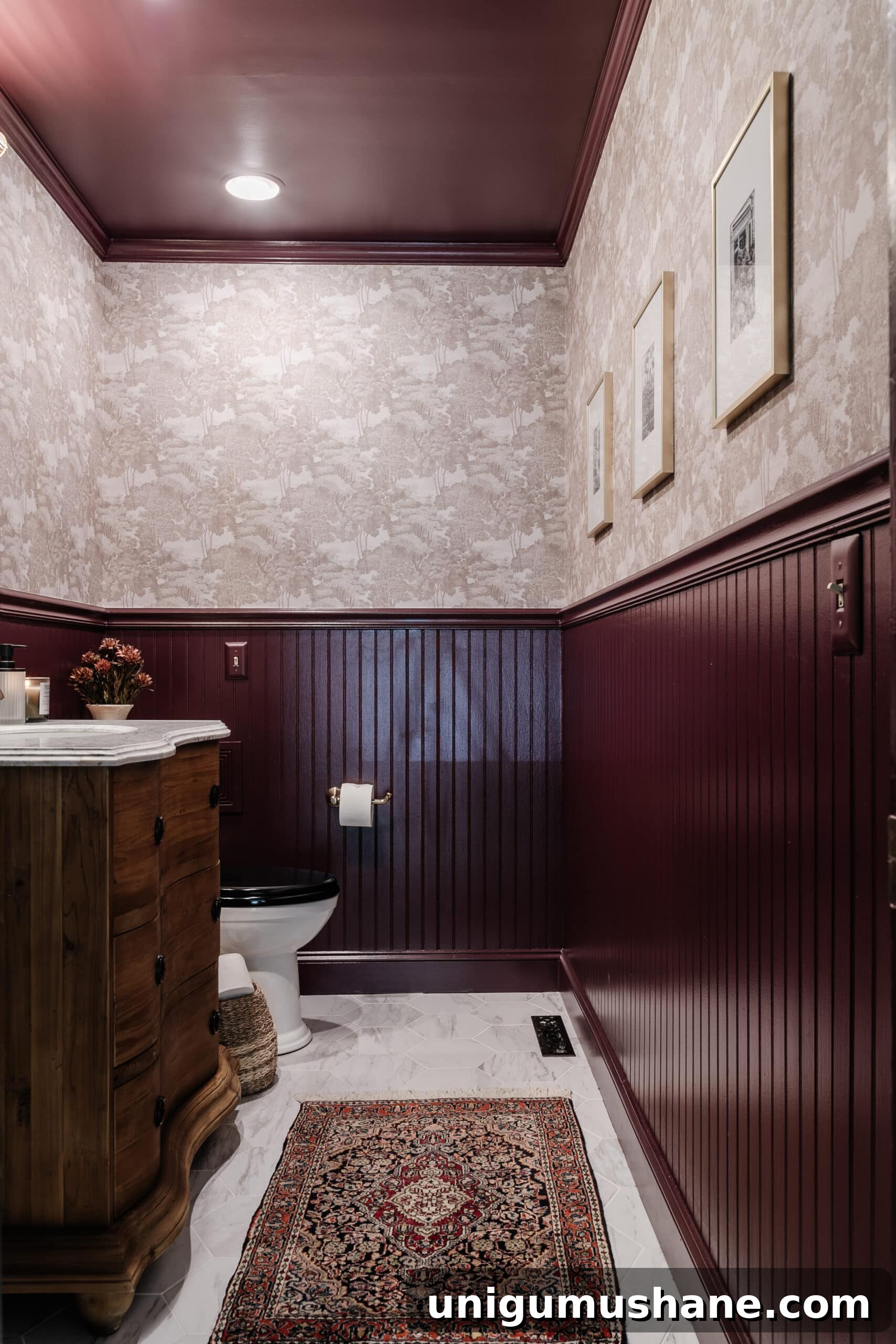 Transform a Windowless Half Bath: Small Powder Room Makeover 5 small windowless bathroom painted Farrow and Ball Brinjal with Rebel Walls Saint Sebastian wallpaper