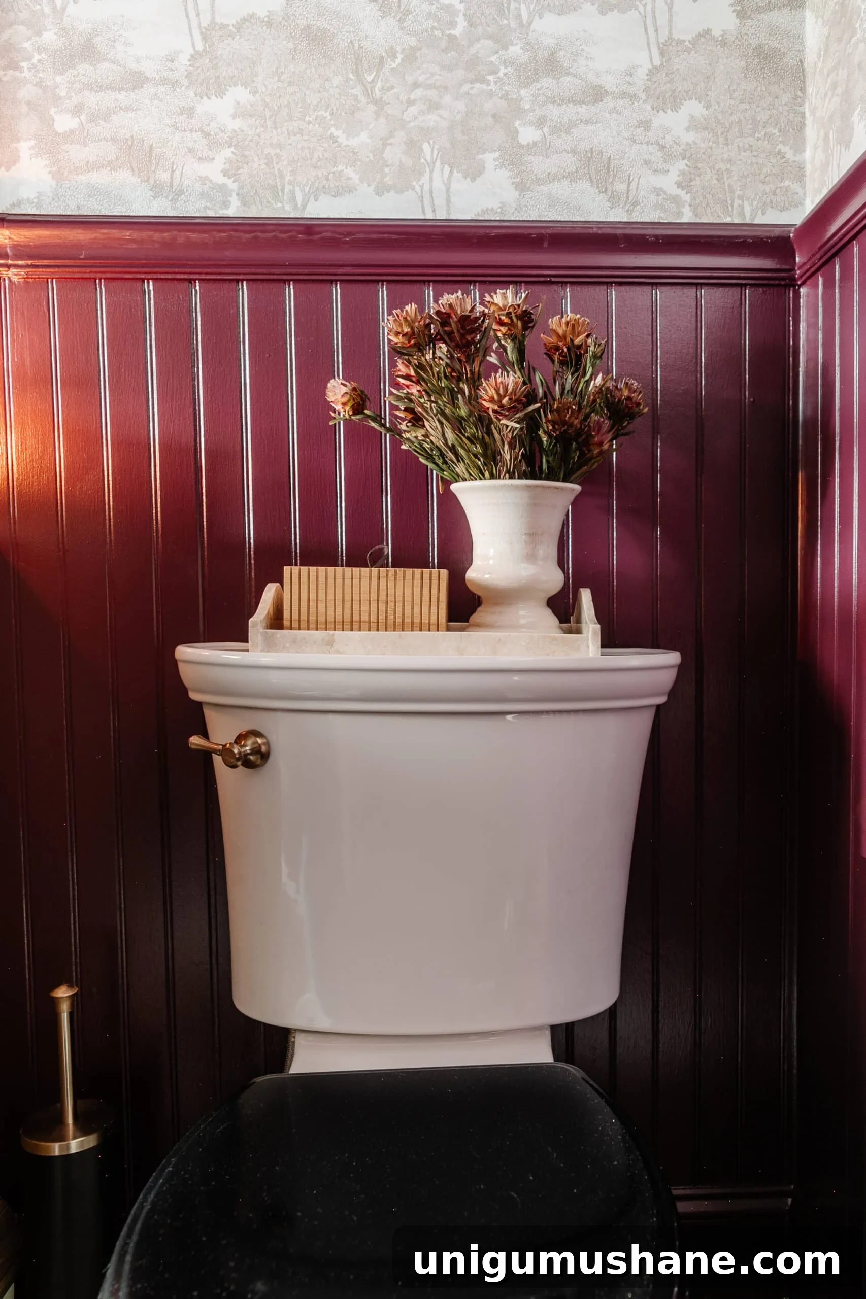 Transform a Windowless Half Bath: Small Powder Room Makeover 10 Vintage black toilet lid and back of toilet decor
