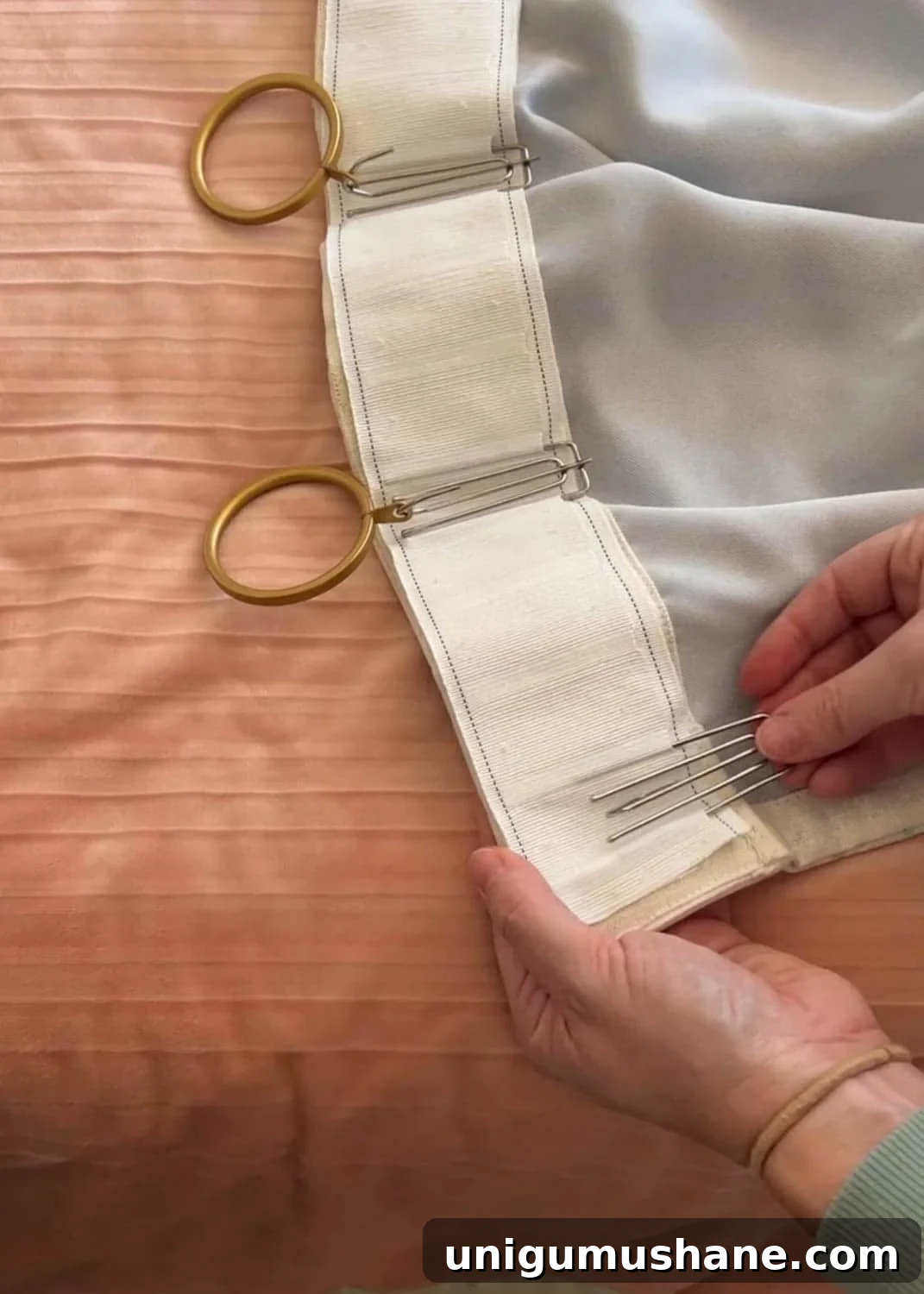 How to Make No-Sew Curtains with Trim 16 adding pleating hooks in curtain header