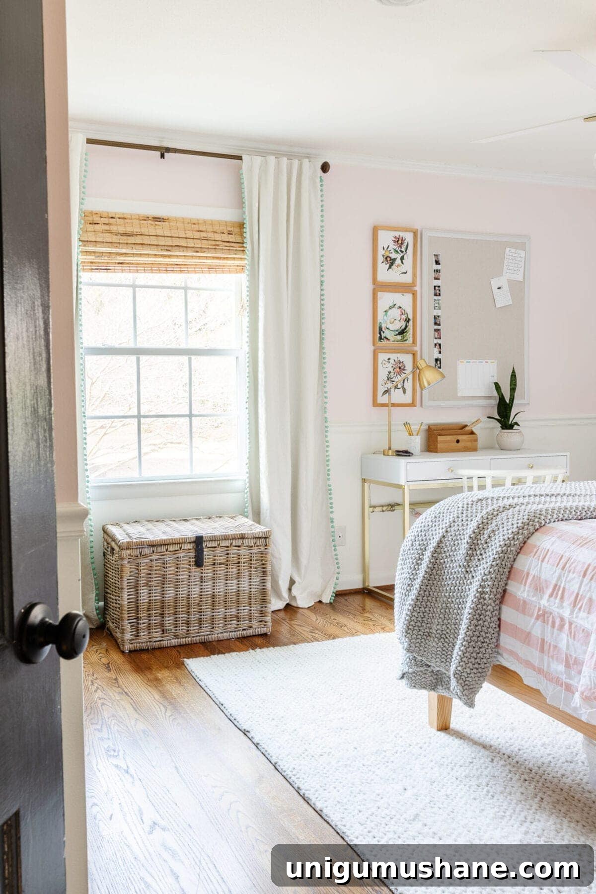 How to Make No-Sew Curtains with Trim 4 pom pom curtains in a girl's bedroom