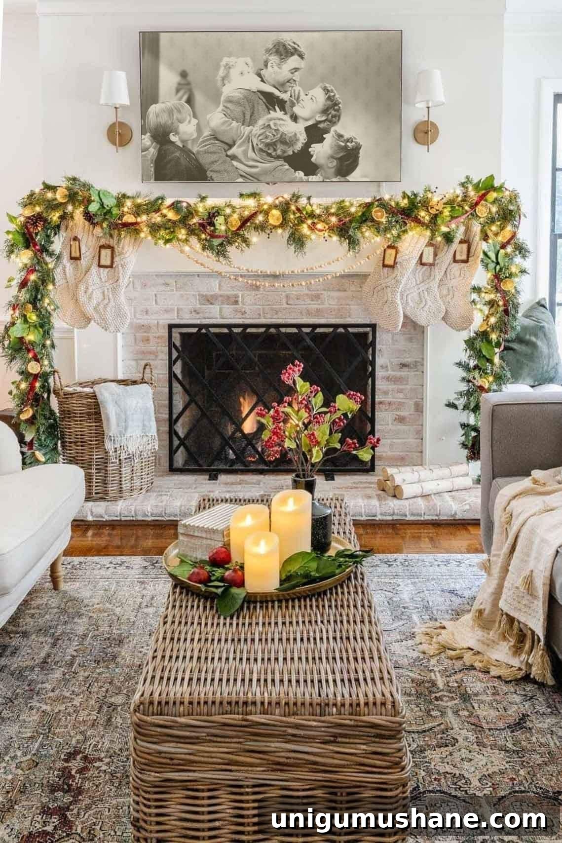DIY Christmas Mantel Garland Ideas to Transform Your Fireplace 14 traditional Christmas fireplace garland with dried orange slices, magnolia leaves, and red ribbon