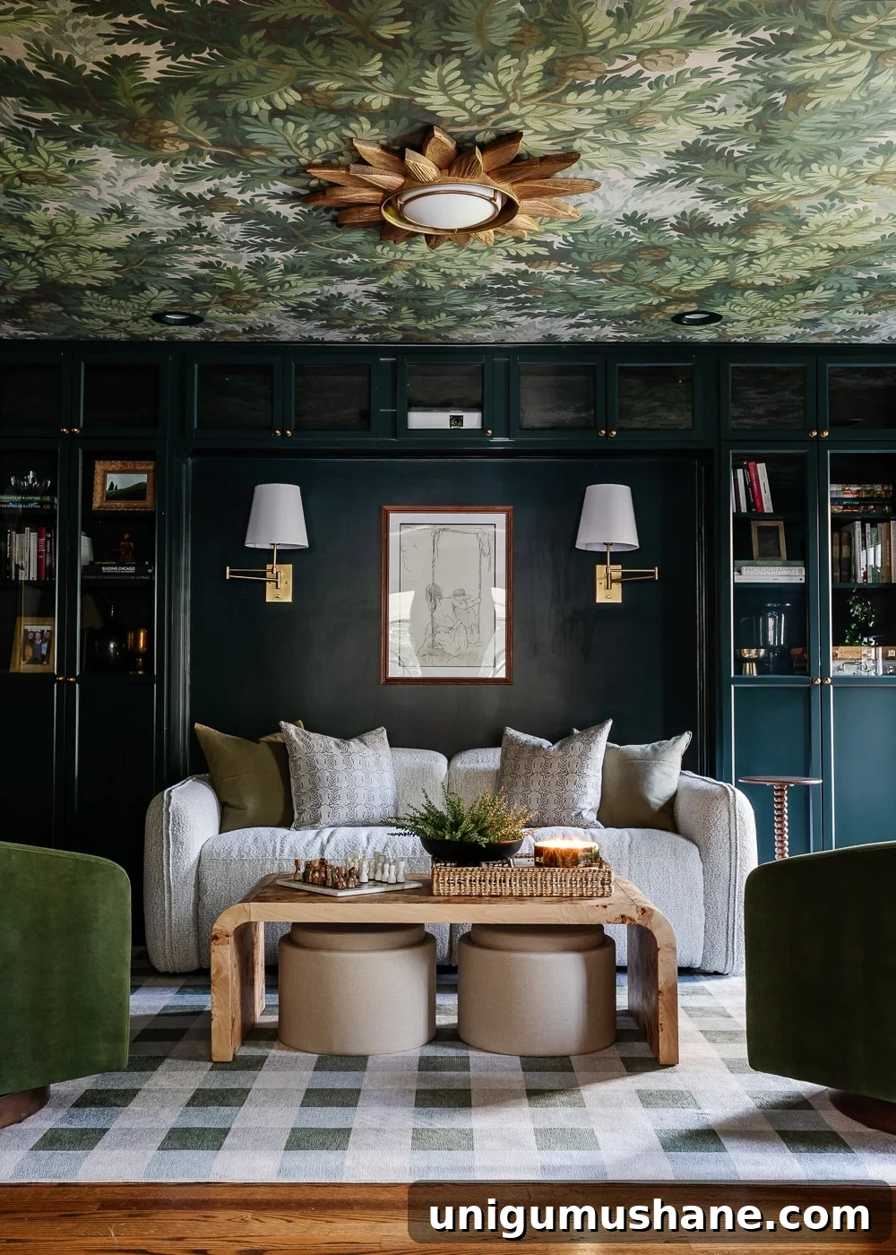 DIY Home Media Room Makeover Ideas on a Budget 11 media room bookcases painted Sherwin Williams Cascades with Rebel Walls Spruce Forest wallpaper ceiling and gingham washable Ruggable rug