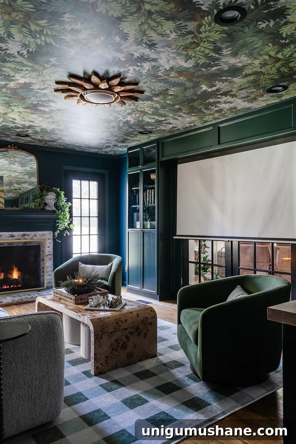 DIY Home Media Room Makeover Ideas on a Budget 5 hidden movie screen above French doors in a diy home theater room