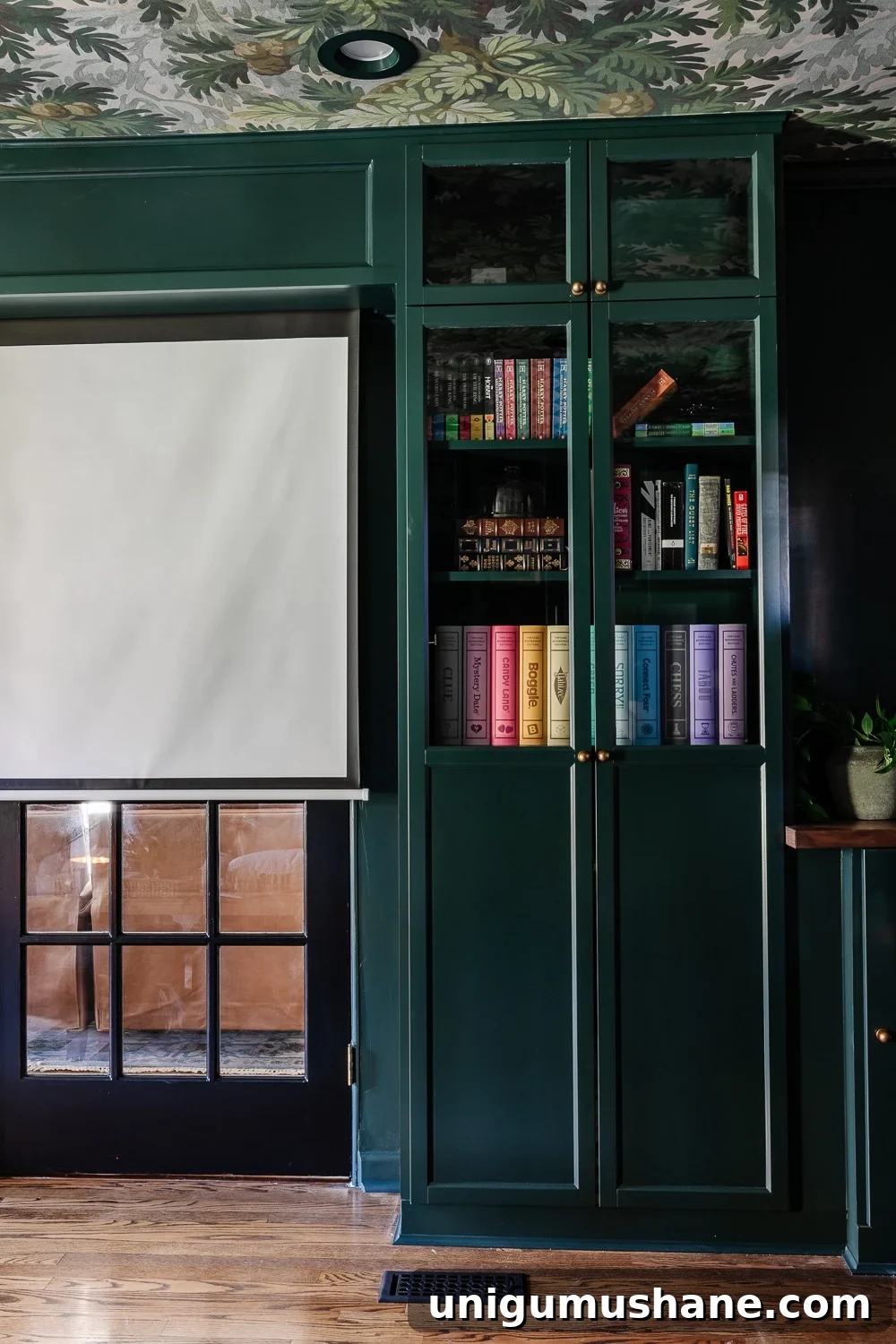 DIY Home Media Room Makeover Ideas on a Budget 9 IKEA billy bookcase built in with glass front oxberg doors and motorized movie screen