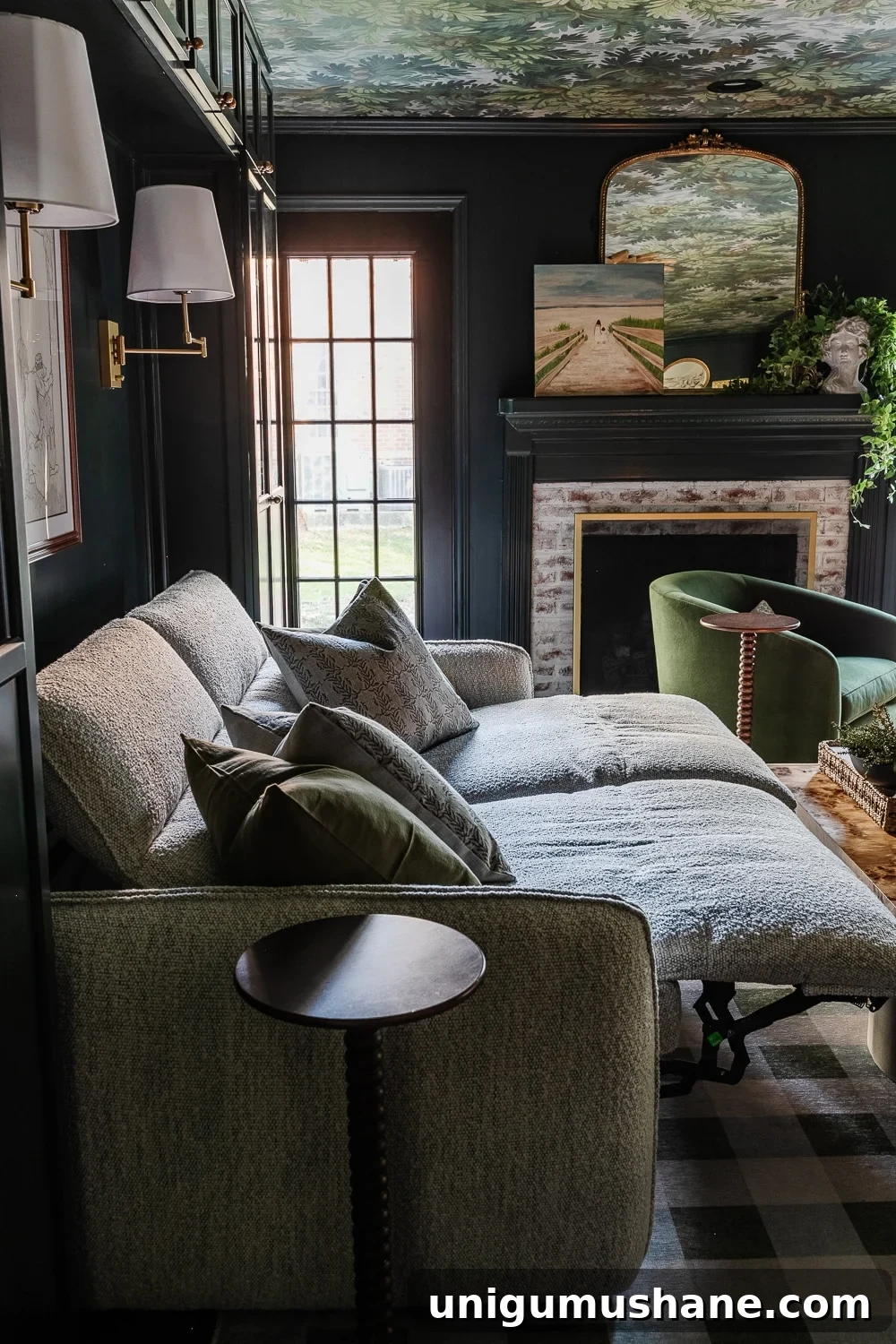 Top 10 Modern Reclining Sofas to Buy in 2024 2 reclining sofa in media room with fireplace, wallpapered ceiling, and built in shelves