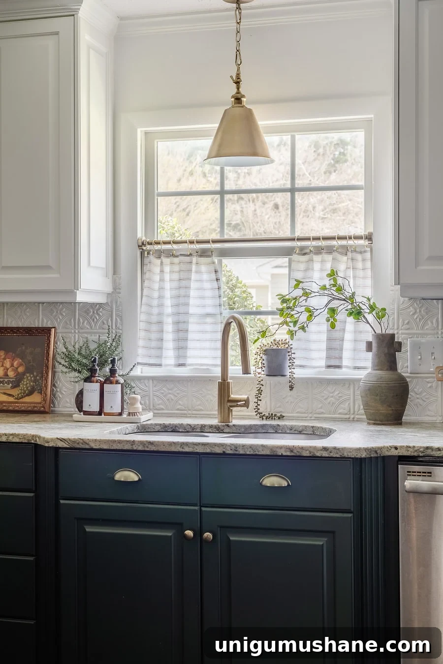 Make No-Sew Cafe Curtains: Step-by-Step DIY Guide 4 kitchen sink window with striped cafe curtains, white upper cabinets, green lower cabinets, and pressed tin backsplash