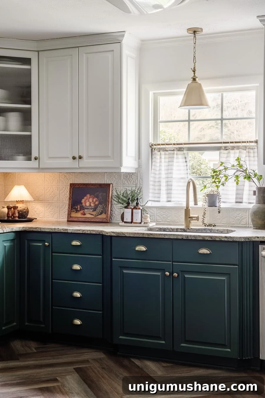 Make No-Sew Cafe Curtains: Step-by-Step DIY Guide 6 white and green kitchen cabinets with mini lamp on countertop