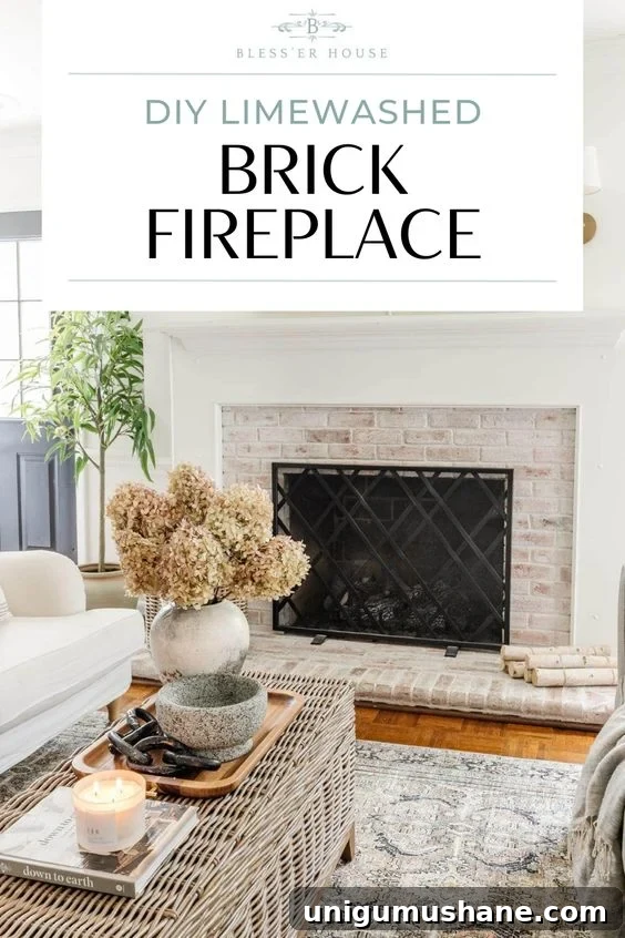 diy limewashed brick fireplace