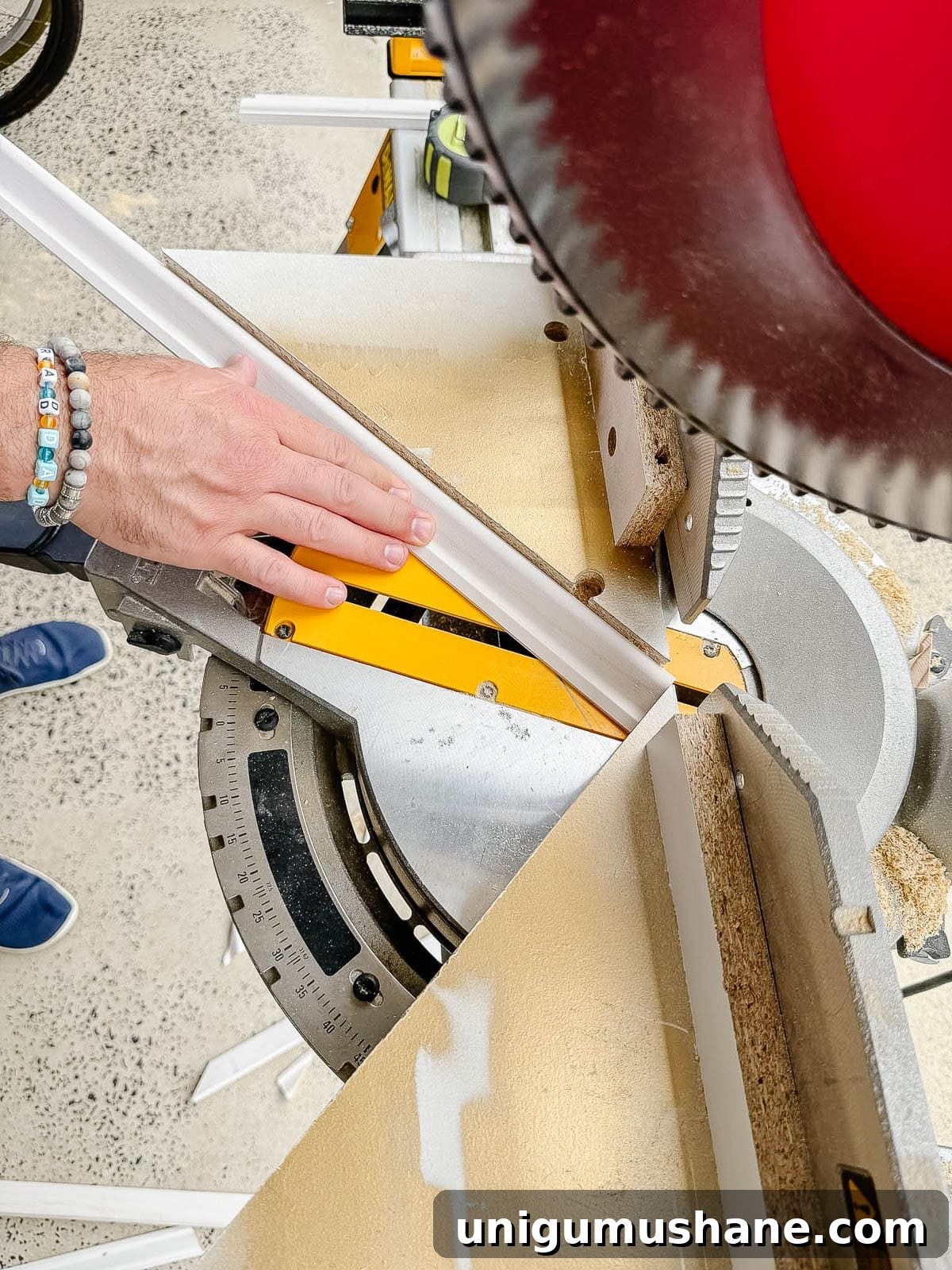 DIY angle cutting guide on a miter saw for wainscoting