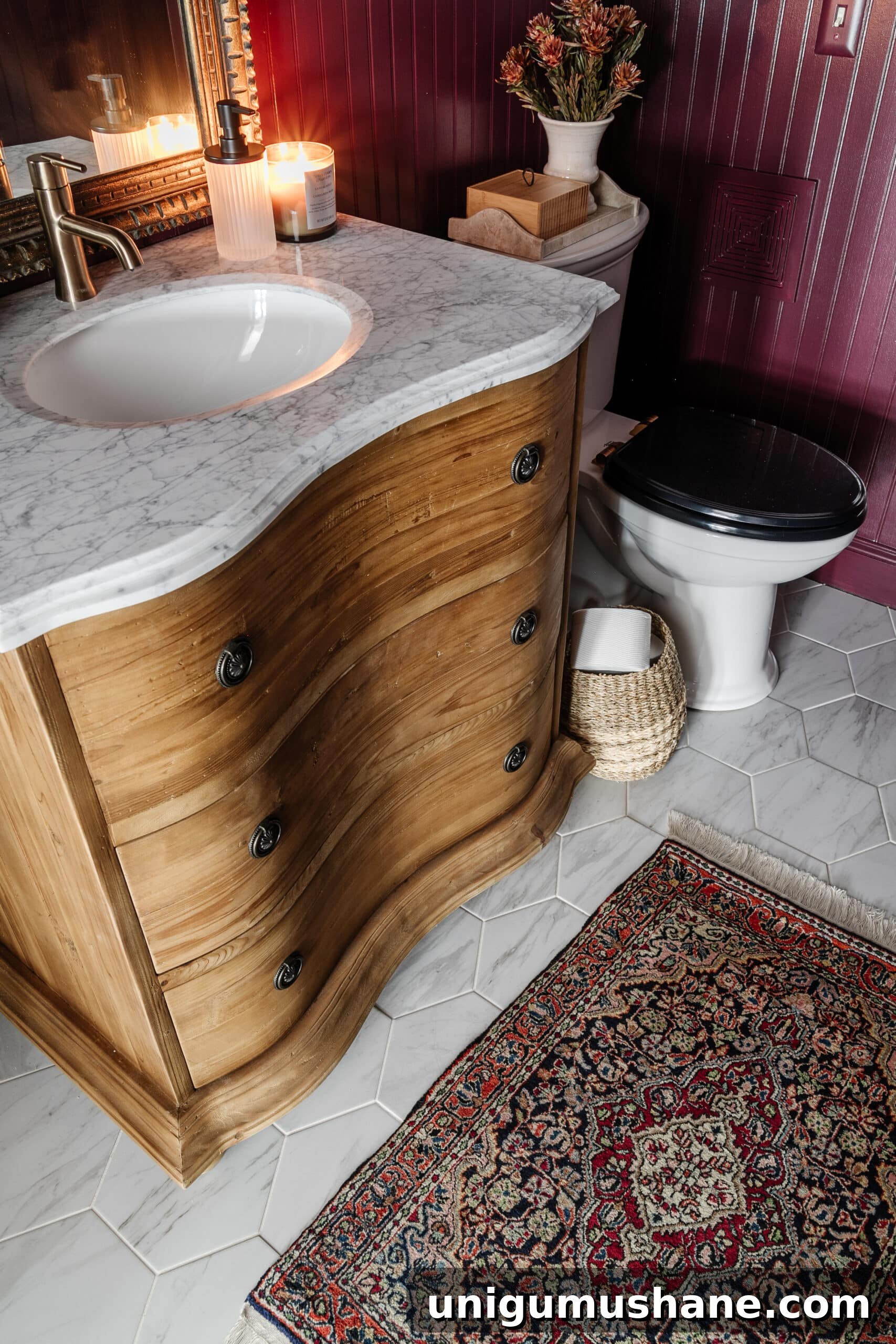 Where to Buy Antique Furniture and Vintage Home Decor Online 7 burgundy vintage rug in a powder room