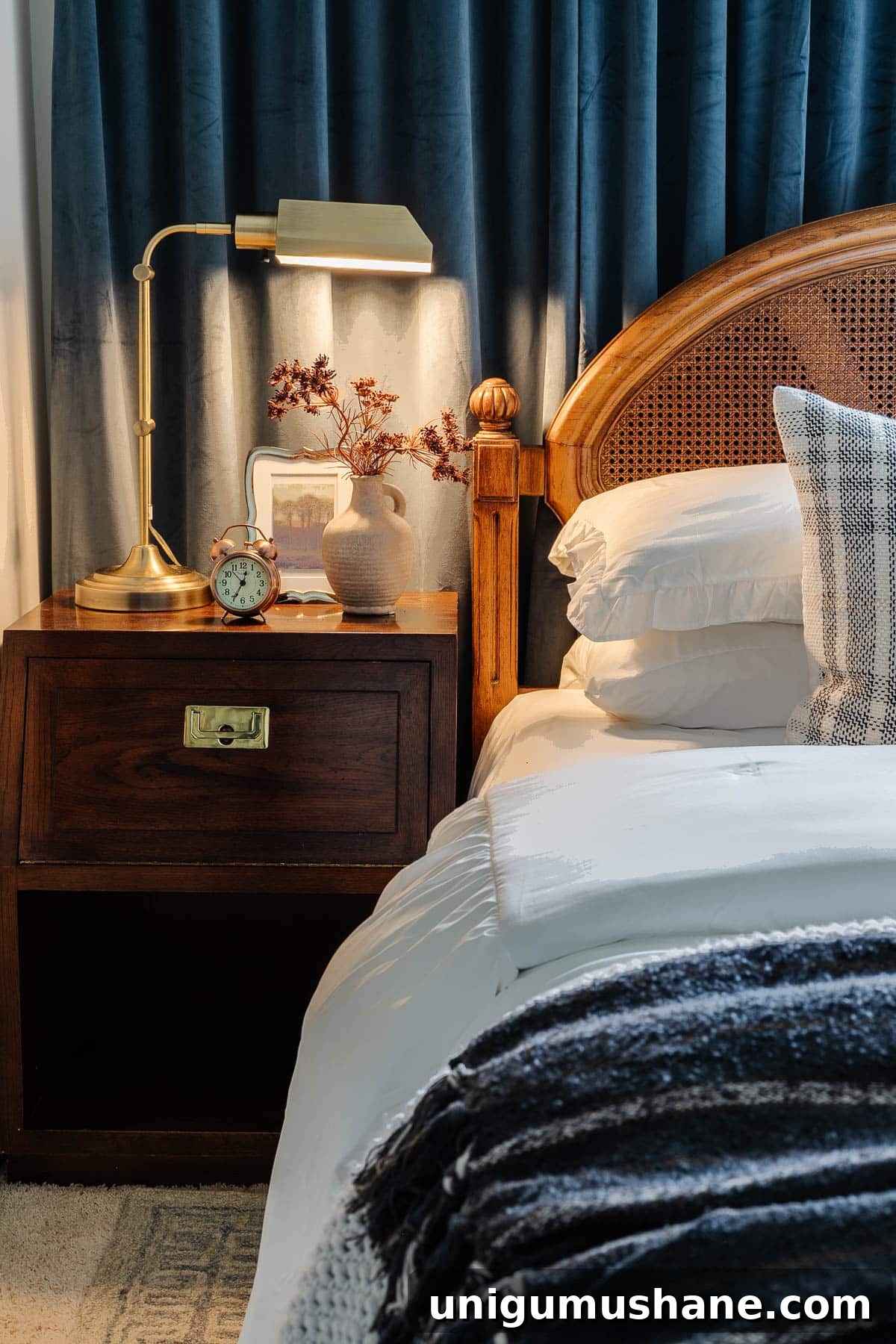 Where to Buy Antique Furniture and Vintage Home Decor Online 8 vintage MCM nightstand in a guest bedroom beside a cane headboard