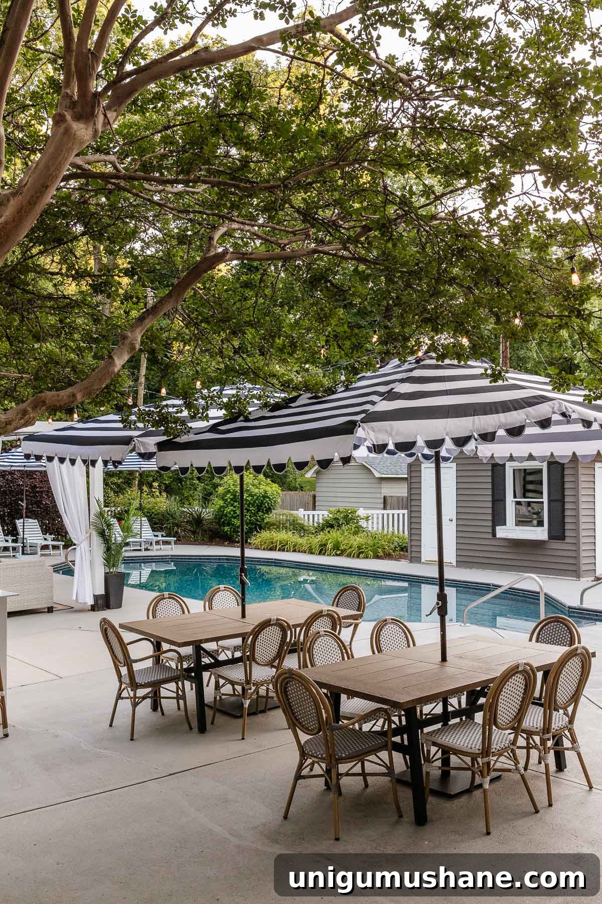 Amazon Patio Furniture and Outdoor Decor: Affordable Luxury 8 outdoor dining tables and chairs on a patio with cabana umbrellas