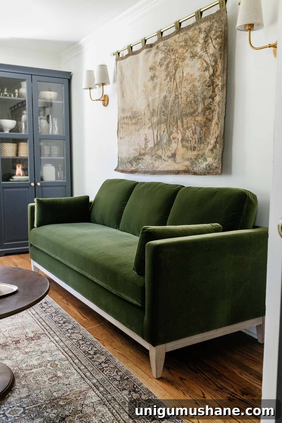 Transform Sofas and Chairs with DIY Fringe Trim 2 modern farmhouse green velvet sofa in an office