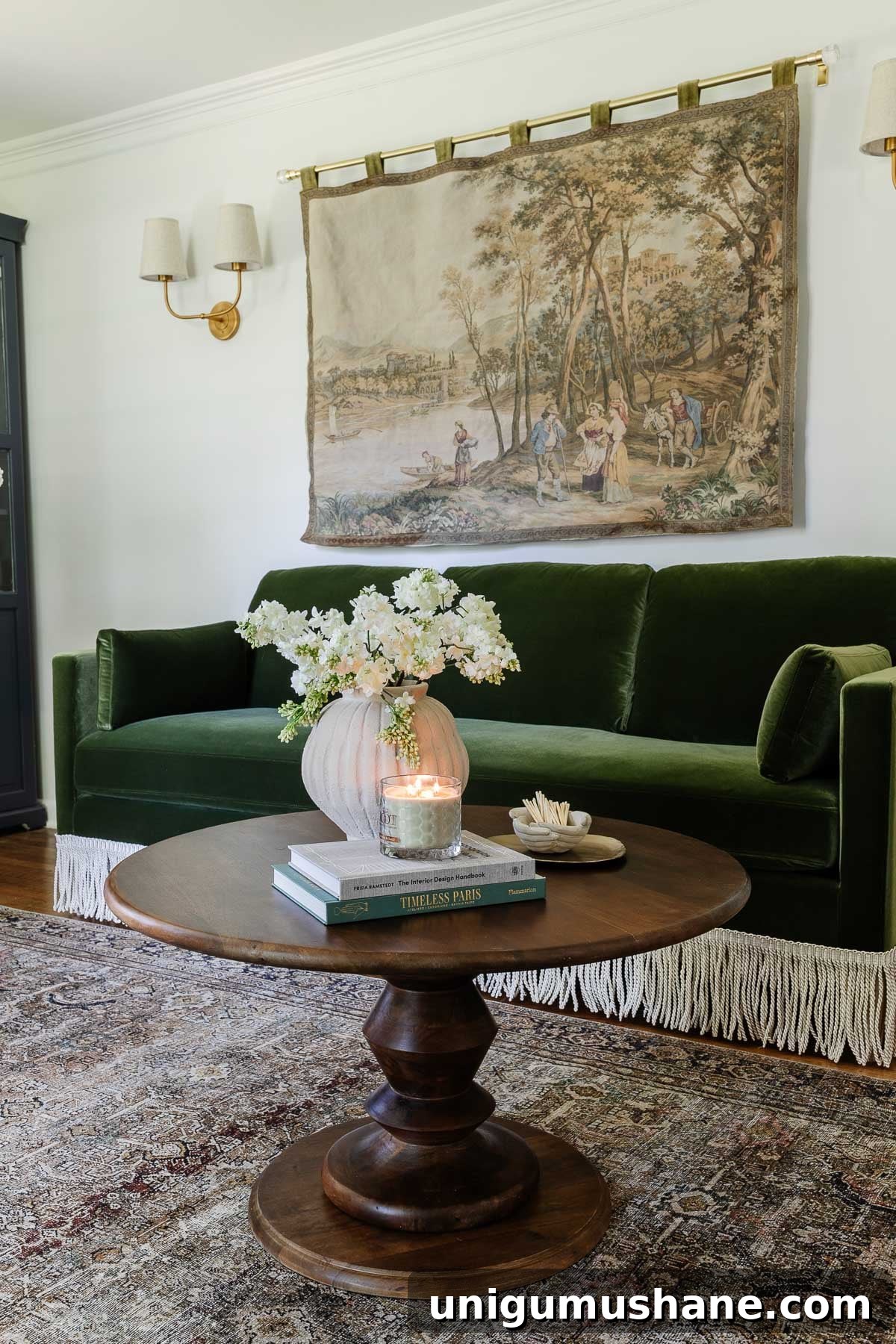 Transform Sofas and Chairs with DIY Fringe Trim 7 fringe trim added to a sofa with styled coffee table and tapestry in an office