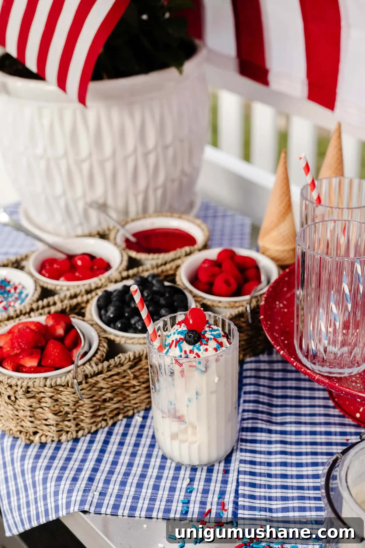 DIY Red White and Blue Ice Cream Sundae Bar for July 4 3 vanilla protein ice cream recipe made in the Ninja Creami ice cream maker