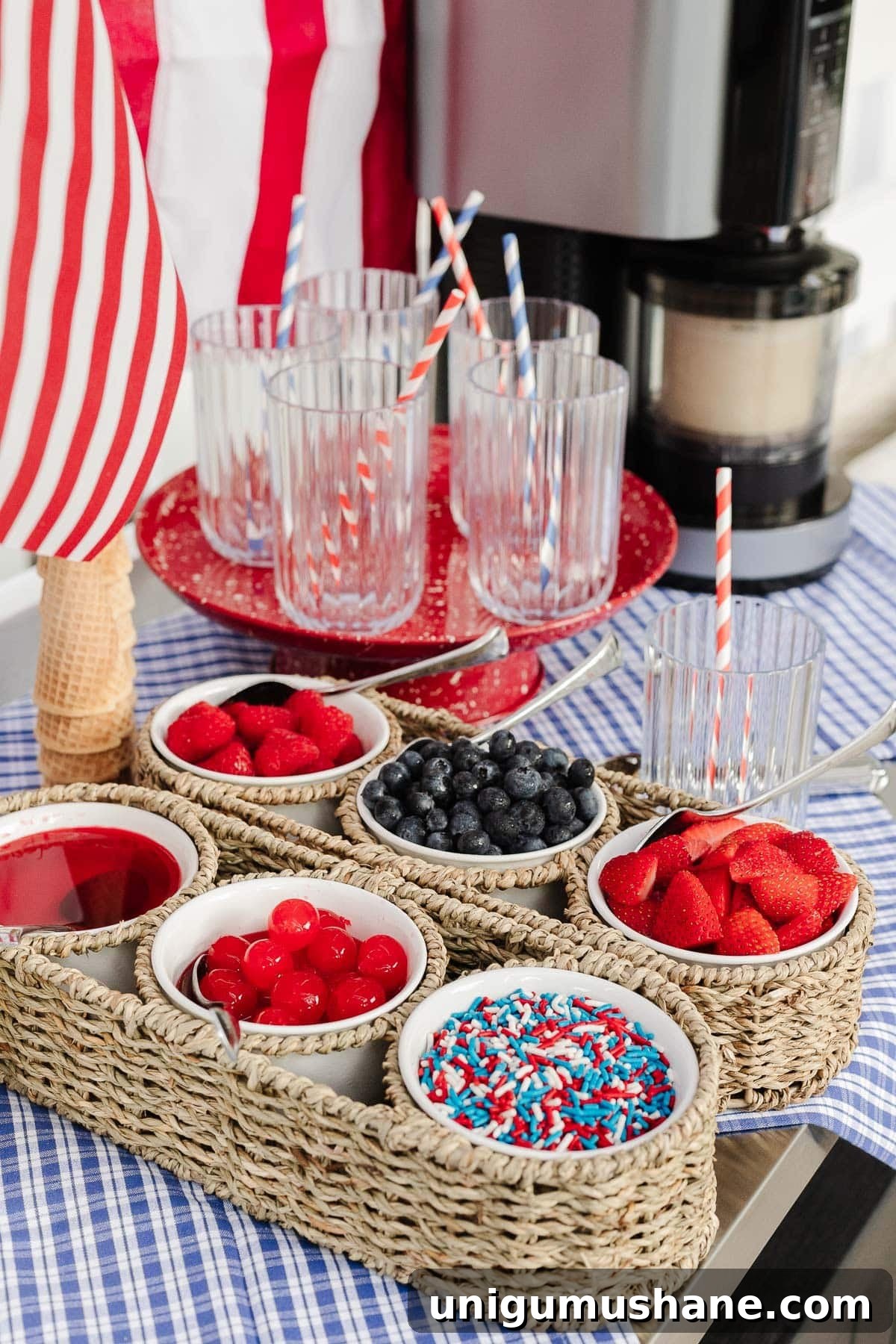 DIY Red White and Blue Ice Cream Sundae Bar for July 4 7 4th of July ice cream bar with red white and blue toppings