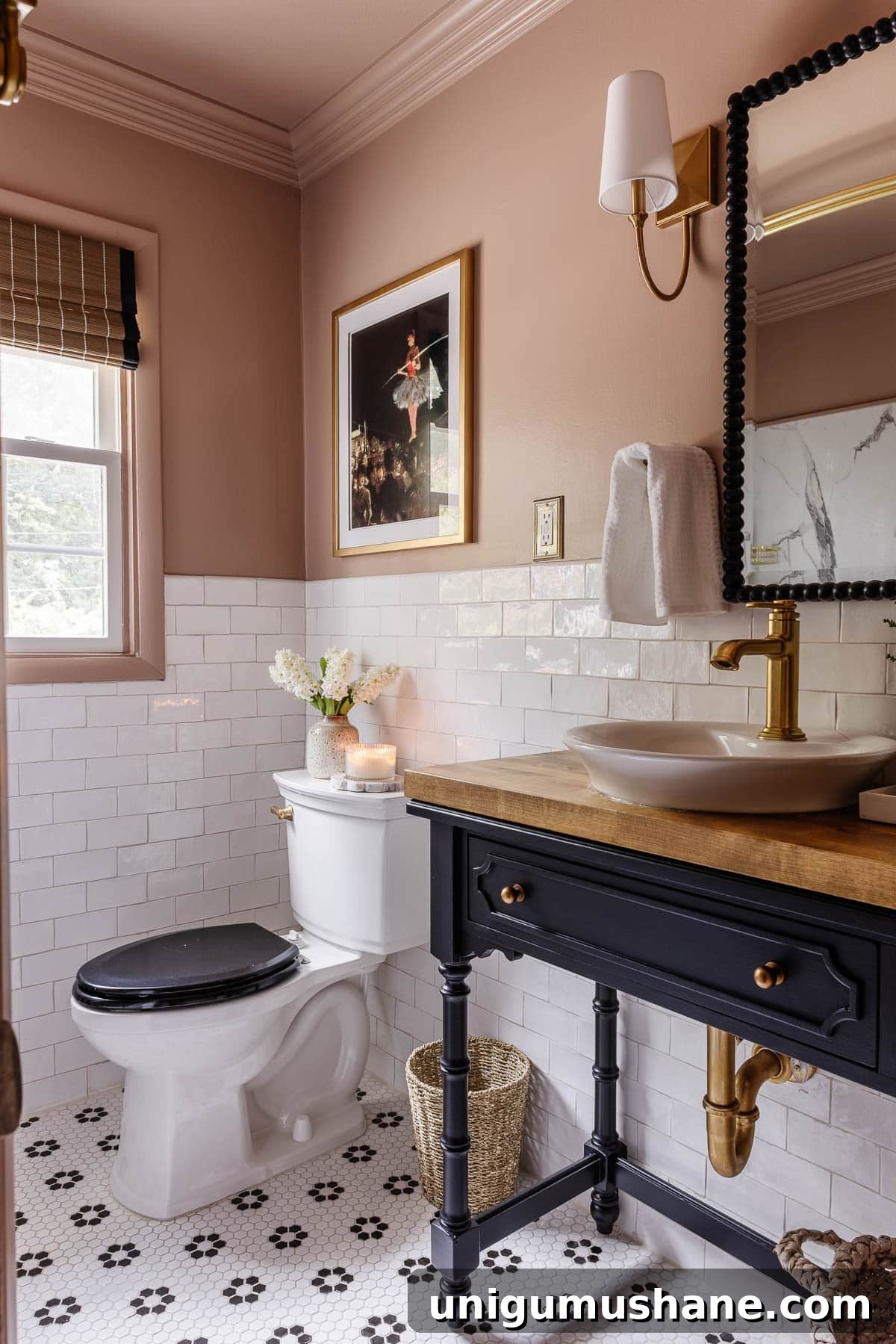 4-Day Black and Pink Bathroom Makeover: Before and After 13 Behr Postmodern Mauve bathroom with flower hex tile floor and black and white bathroom decor
