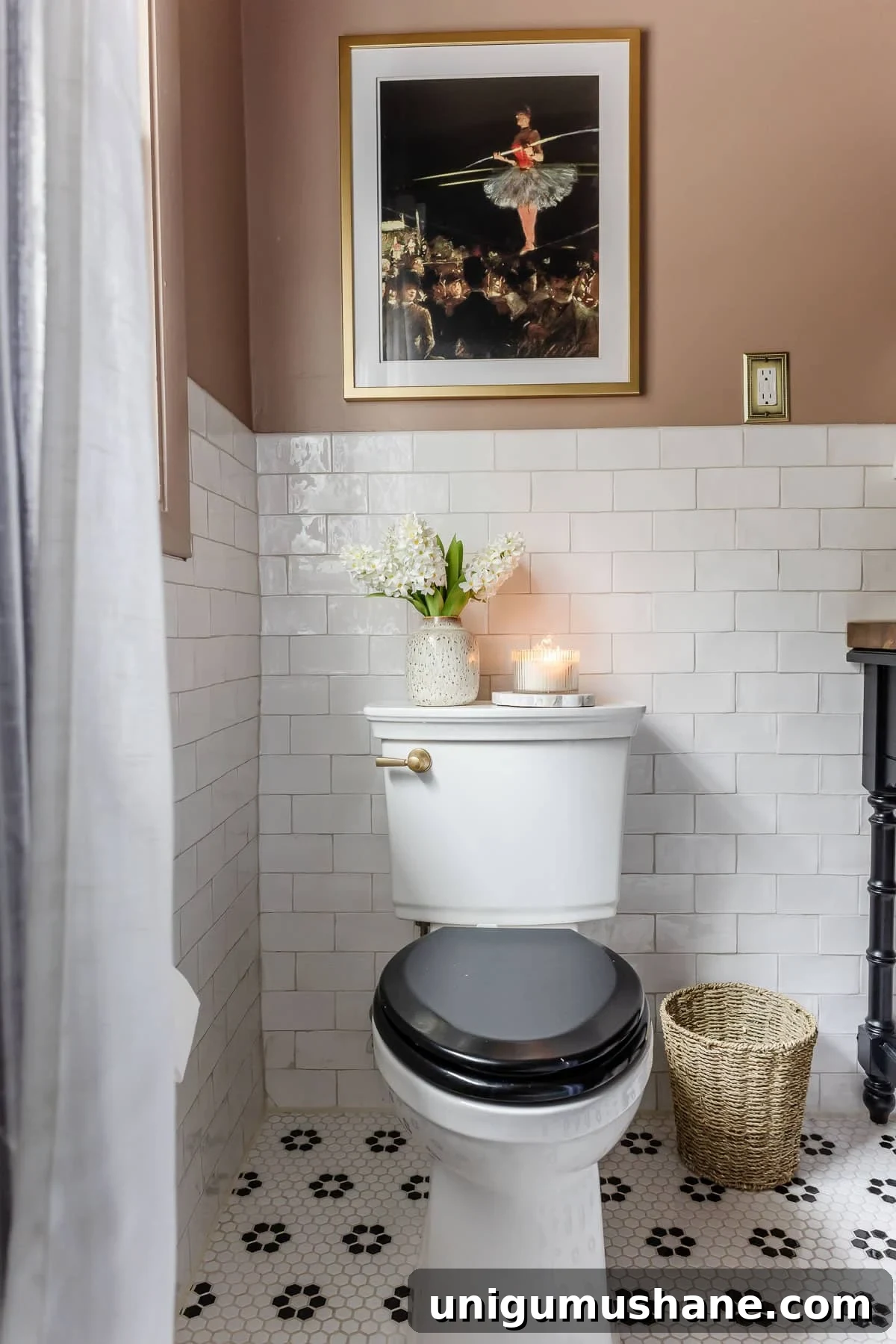 4-Day Black and Pink Bathroom Makeover: Before and After 14 toilet with black toilet lid and subway tile with pink bathroom walls
