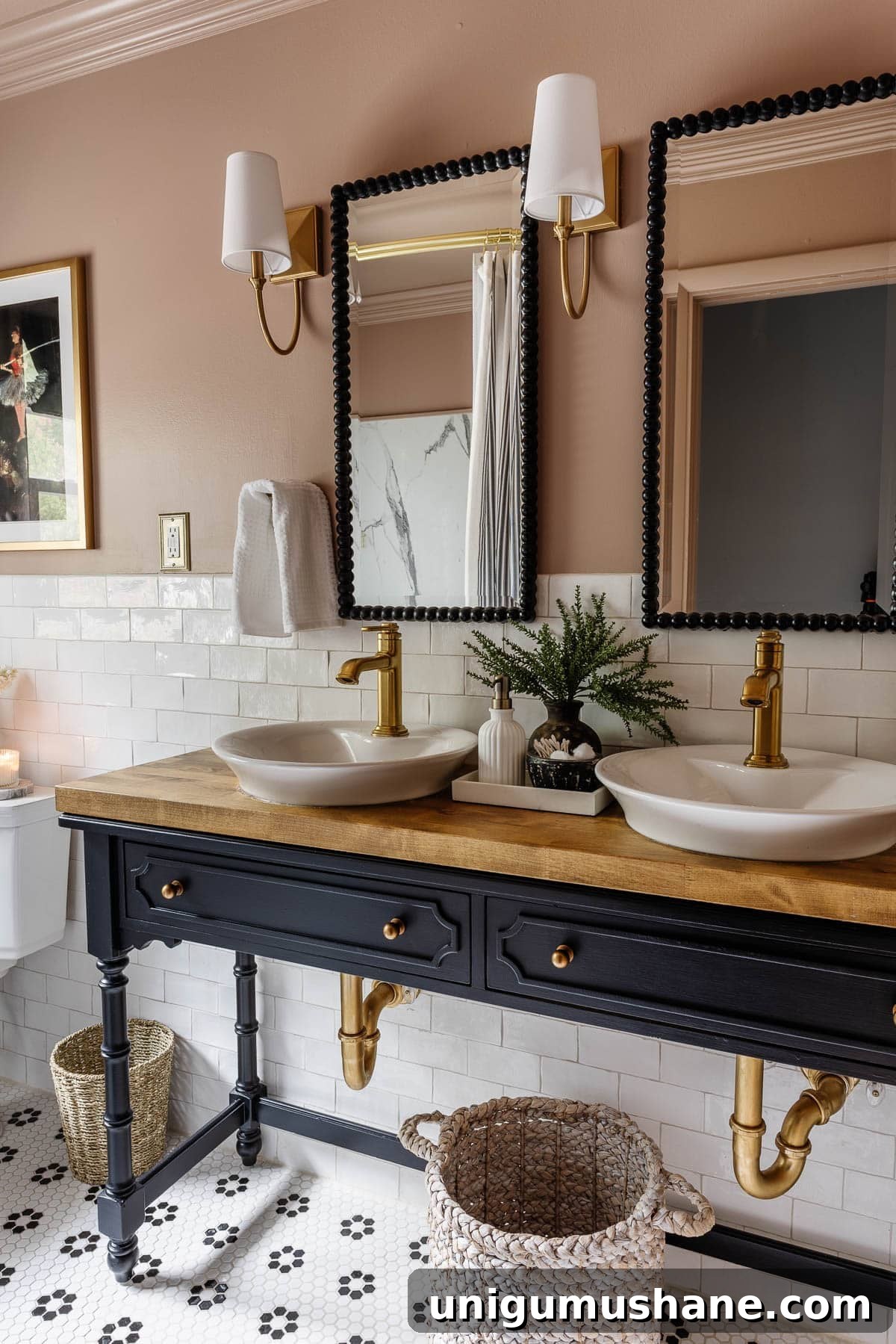 4-Day Black and Pink Bathroom Makeover: Before and After 6 black and pink bathroom with console table vanity and vessel sinks