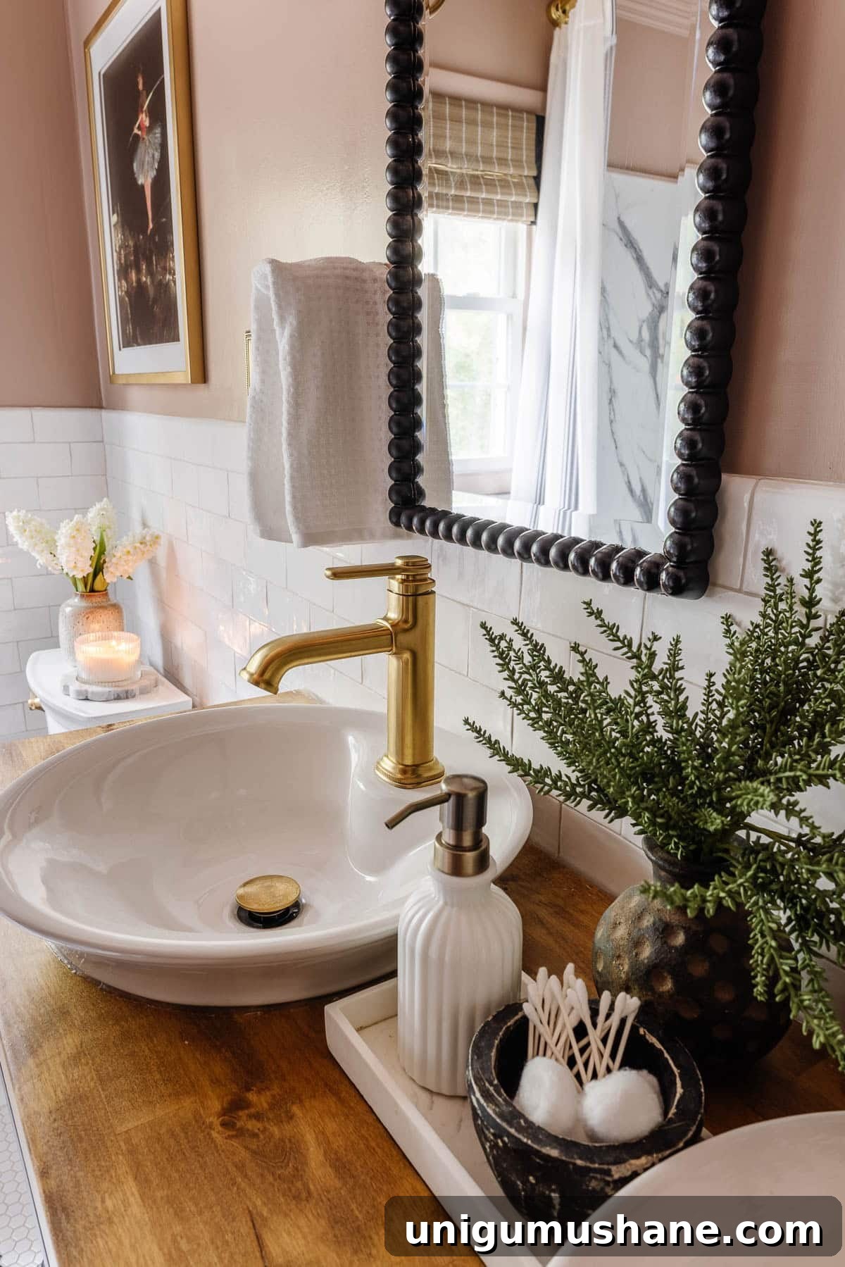 4-Day Black and Pink Bathroom Makeover: Before and After 8 vessel sink with gold faucet on console table bathroom vanity