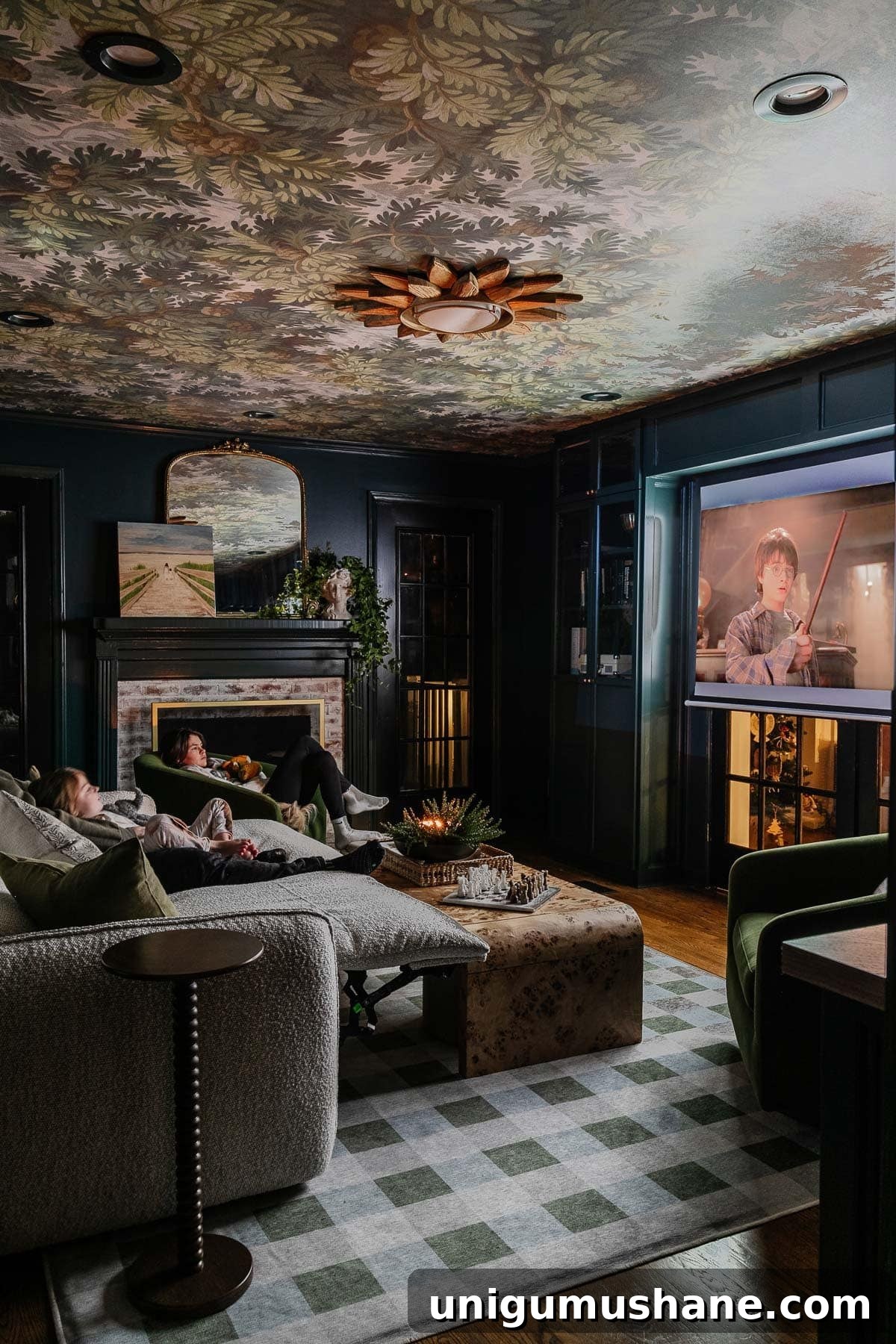How to Pull Back Single-Panel Drapes and Home Theater Curtains 4 home theater with recliner sofa and hidden projector screen