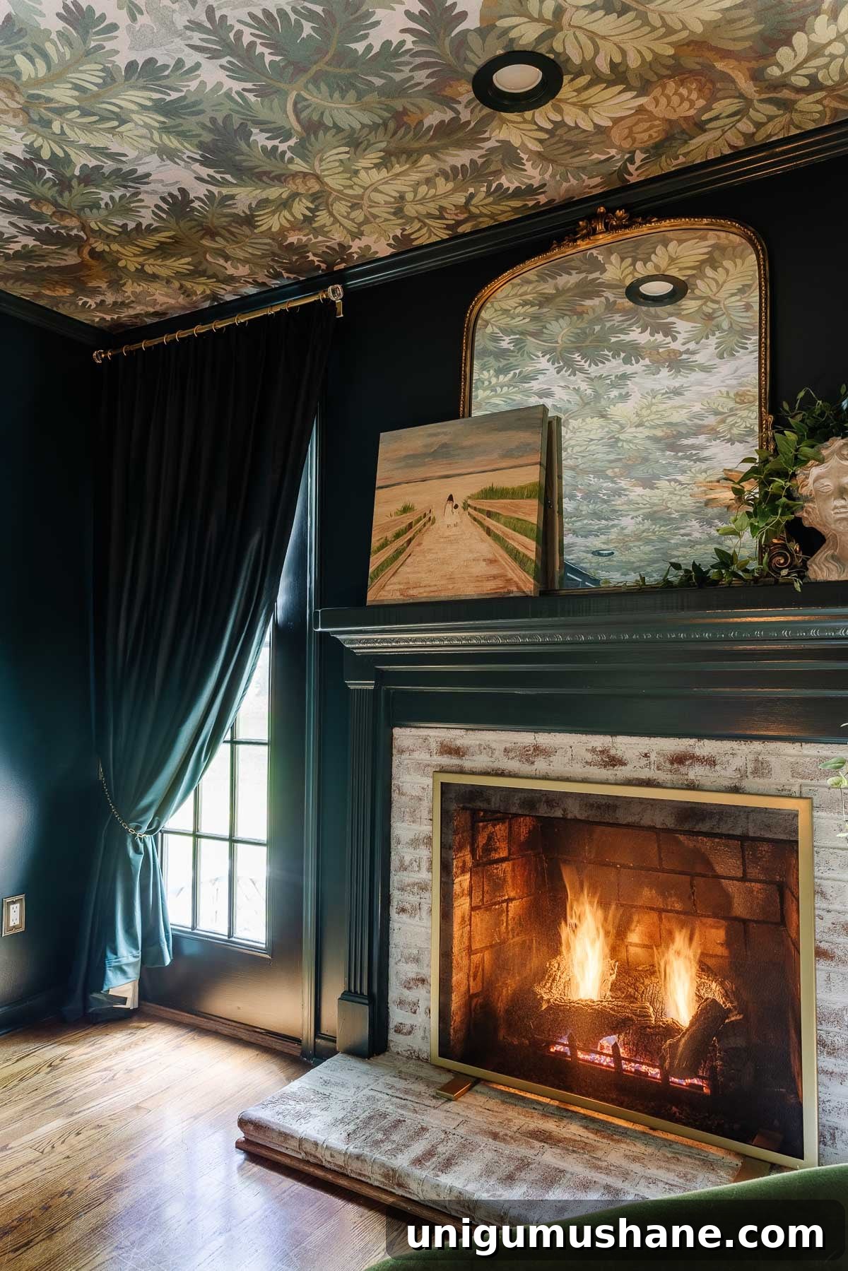 How to Pull Back Single-Panel Drapes and Home Theater Curtains 5 pulled back curtains beside limewashed fireplace