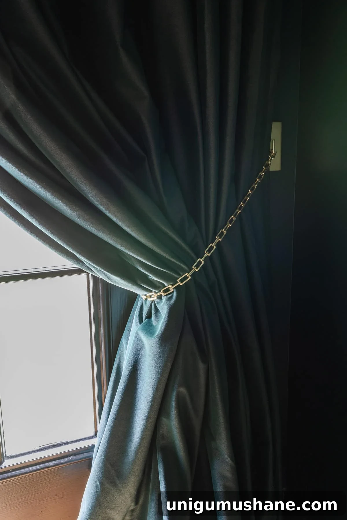 How to Pull Back Single-Panel Drapes and Home Theater Curtains 7 gold chain curtain tieback