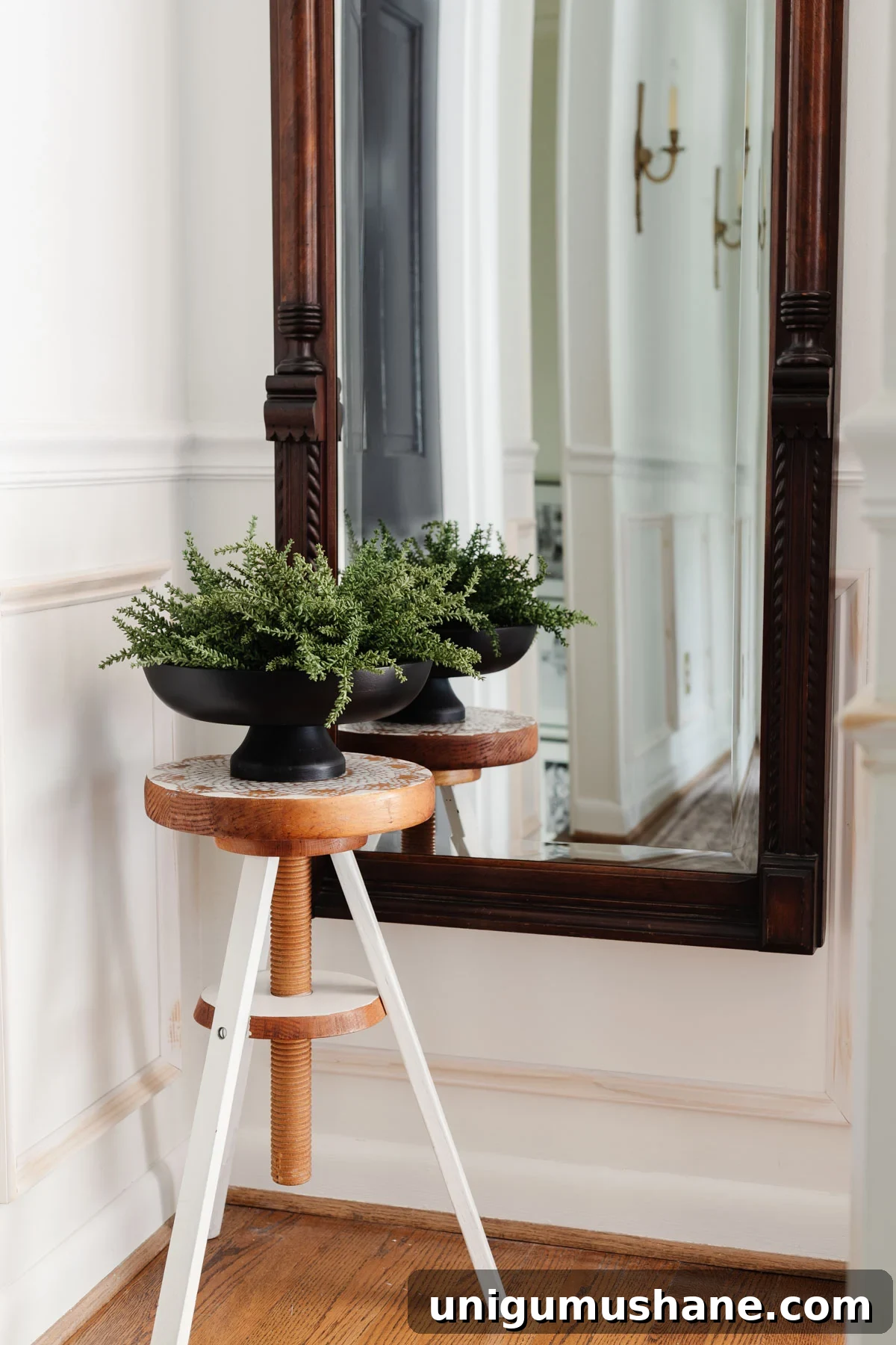8 Reasons a Pedestal Bowl Belongs in Your Home Decor 8 footed bowl used as a planter on a plant stand as hallway decor