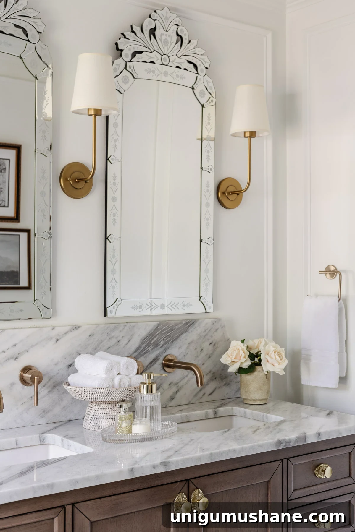 8 Reasons a Pedestal Bowl Belongs in Your Home Decor 10 rattan pedestal bowl used as a towel holder on a bathroom countertop