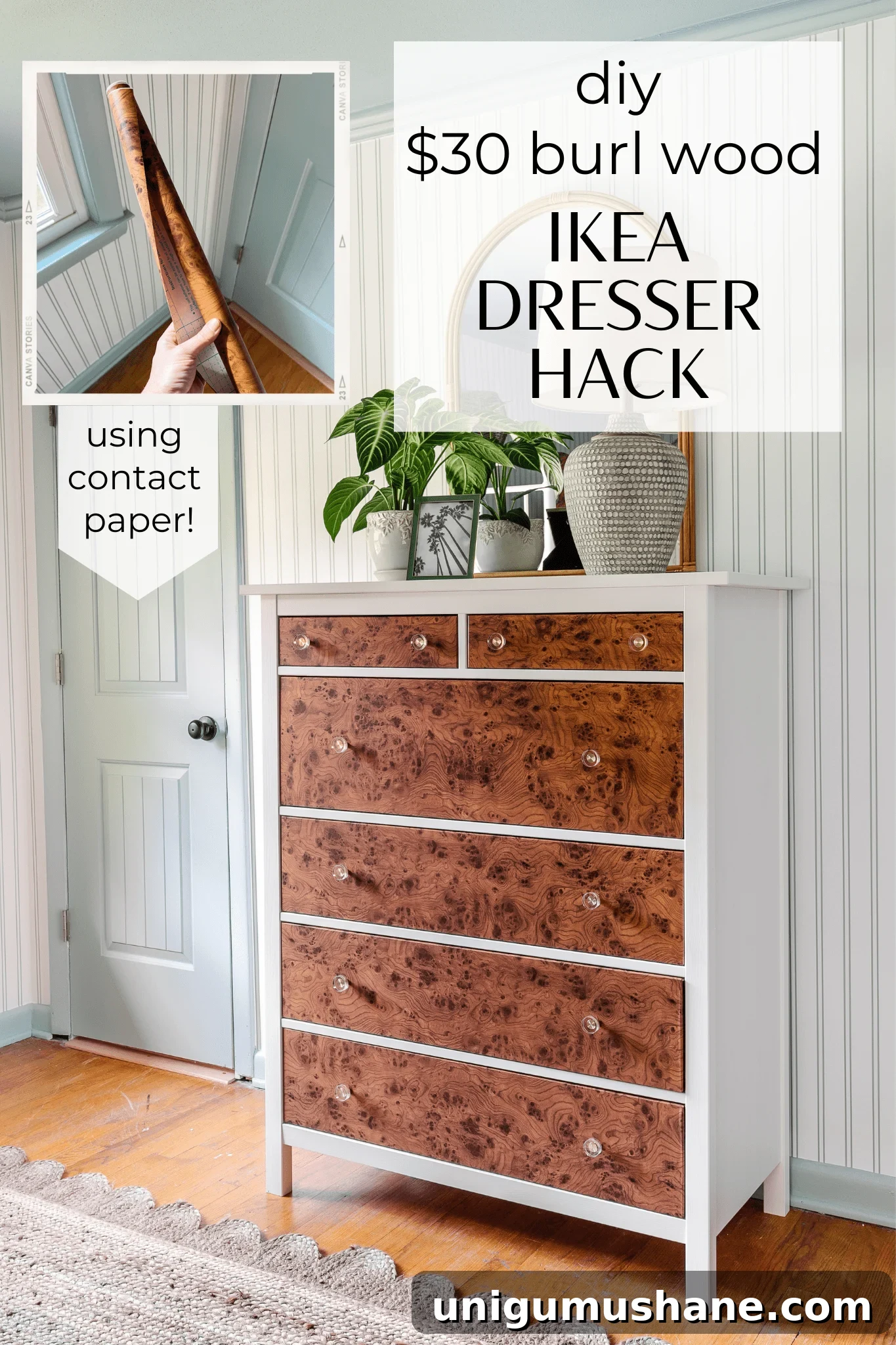 burl wood dresser makeover using contact paper