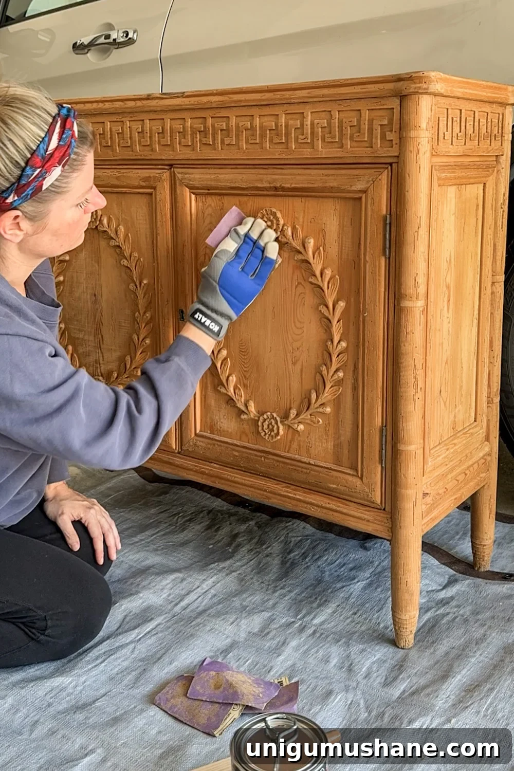 sanding wood cabinet for gel stain application