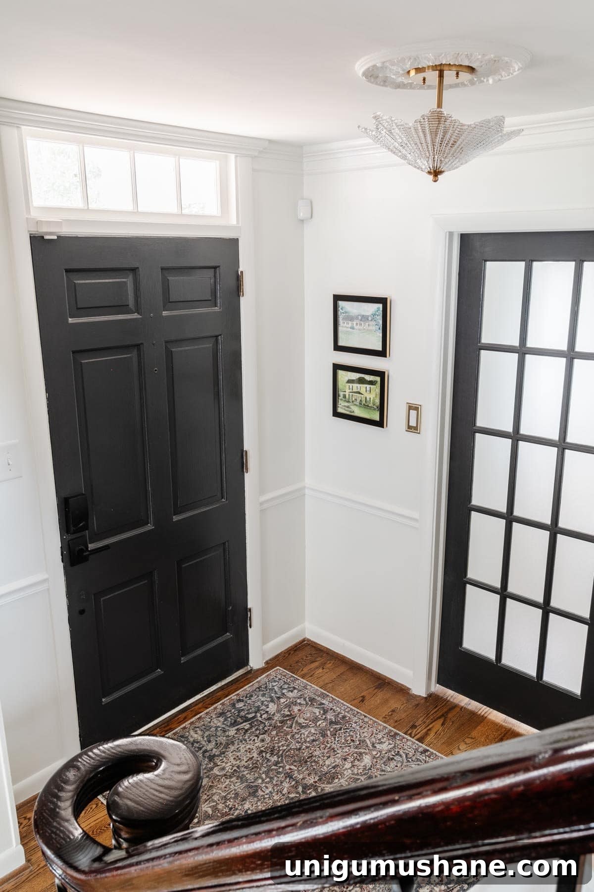 Stylish Entryway and Foyer Makeover Ideas Under $300 6 neutral foyer with black front door and french doors