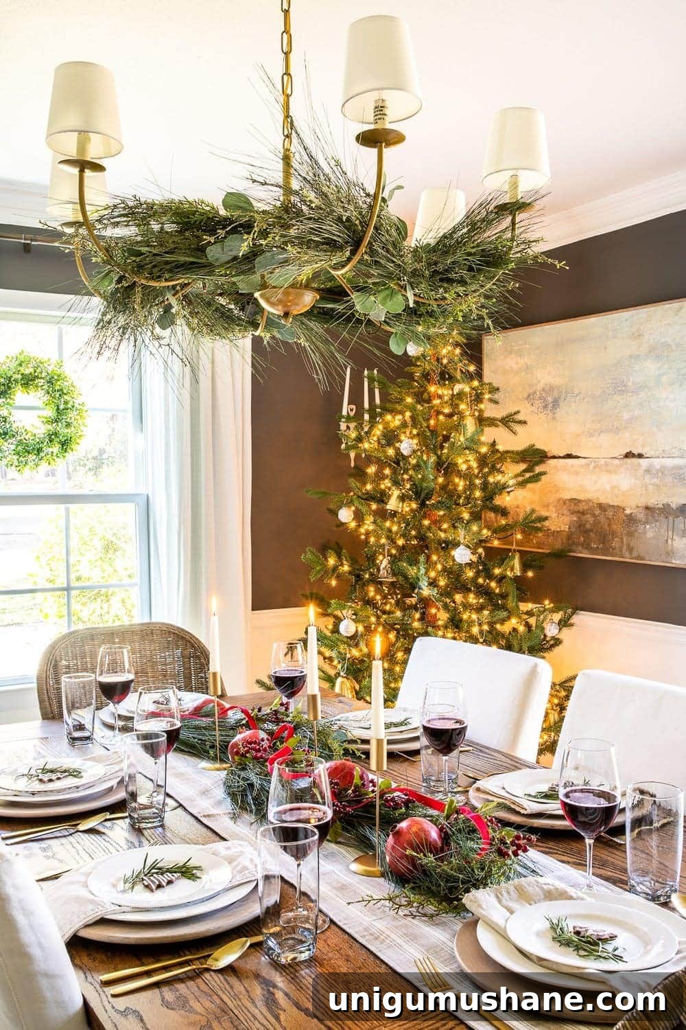 18 Natural DIY Christmas Decor Ideas to Make at Home 13 christmas chandelier decor with evergreen branches