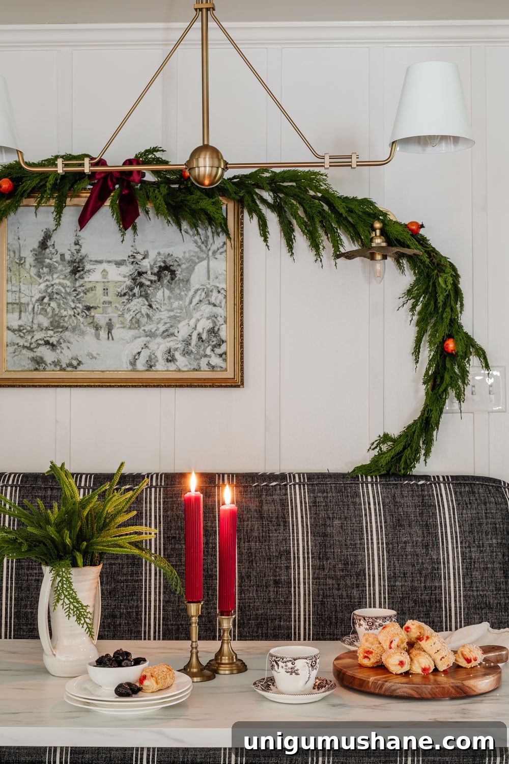 DIY Realistic Faux Garland: Upgrade Tips for a Lifelike Look 4 realistic garland around a picture frame for breakfast nook dining room Christmas decor
