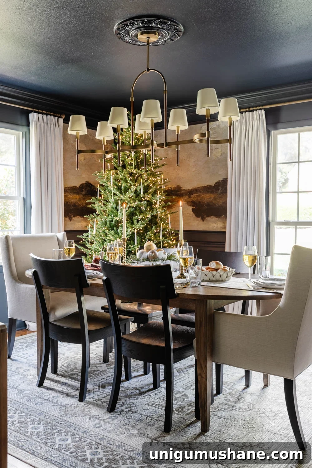 Elegant Christmas Dining Room Decor Ideas 2 navy blue dining room decorated for Christmas with mural walls