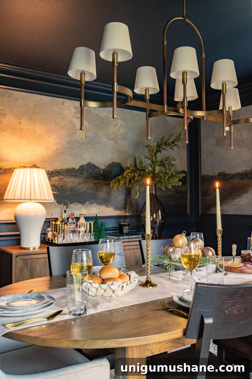Elegant Christmas Dining Room Decor Ideas 3 navy blue dining room decorated for Christmas with mural walls