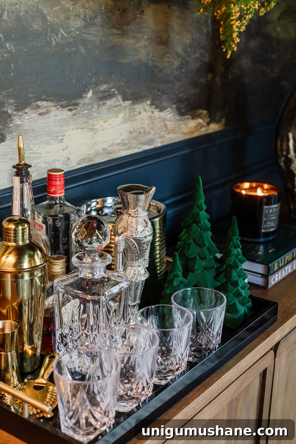 Elegant Christmas Dining Room Decor Ideas 5 bar tray on a sideboard decorated for Christmas