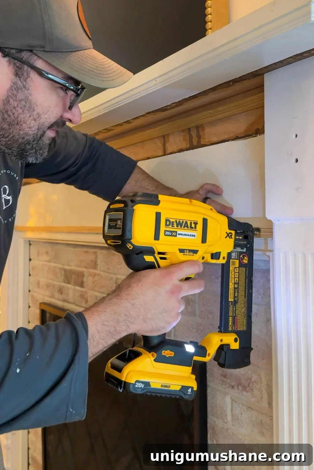 attaching 1x board to fireplace with nail gun