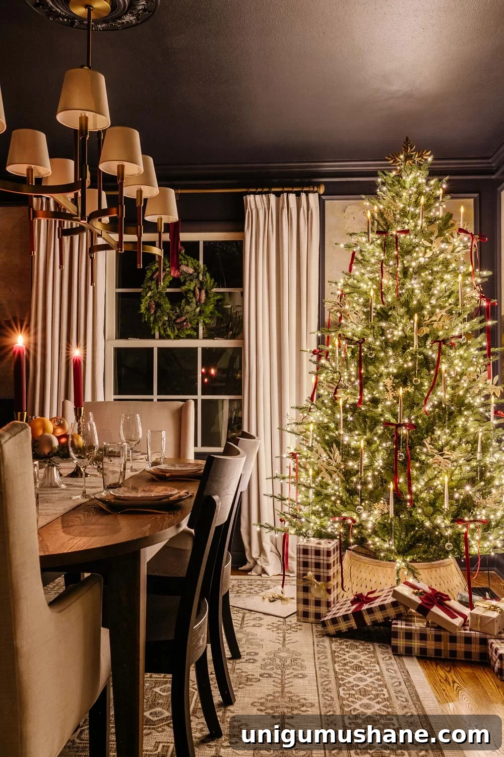 dining room Christmas tree at night in candlelight