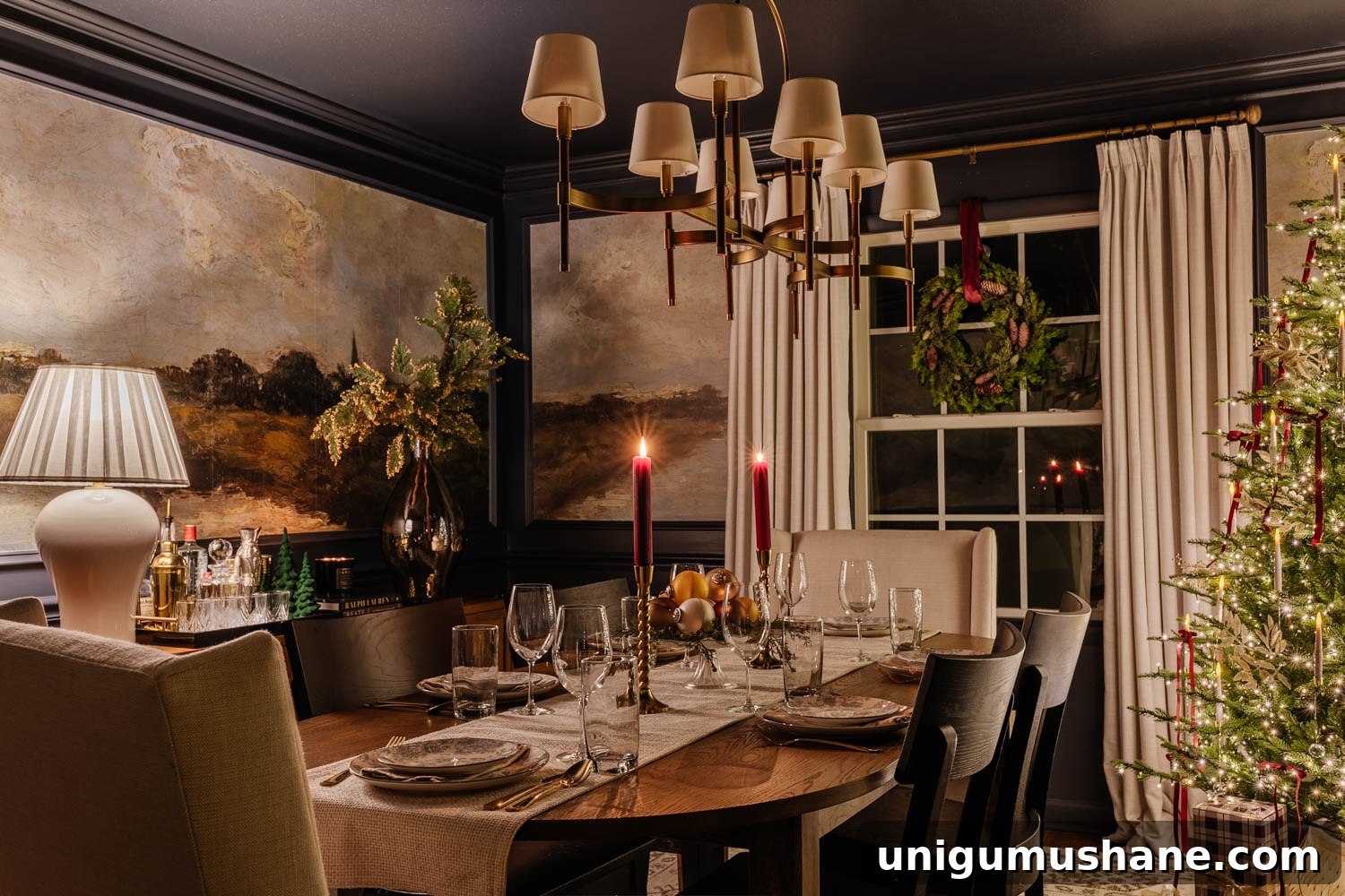 candlelight Christmas dining room table with centerpiece