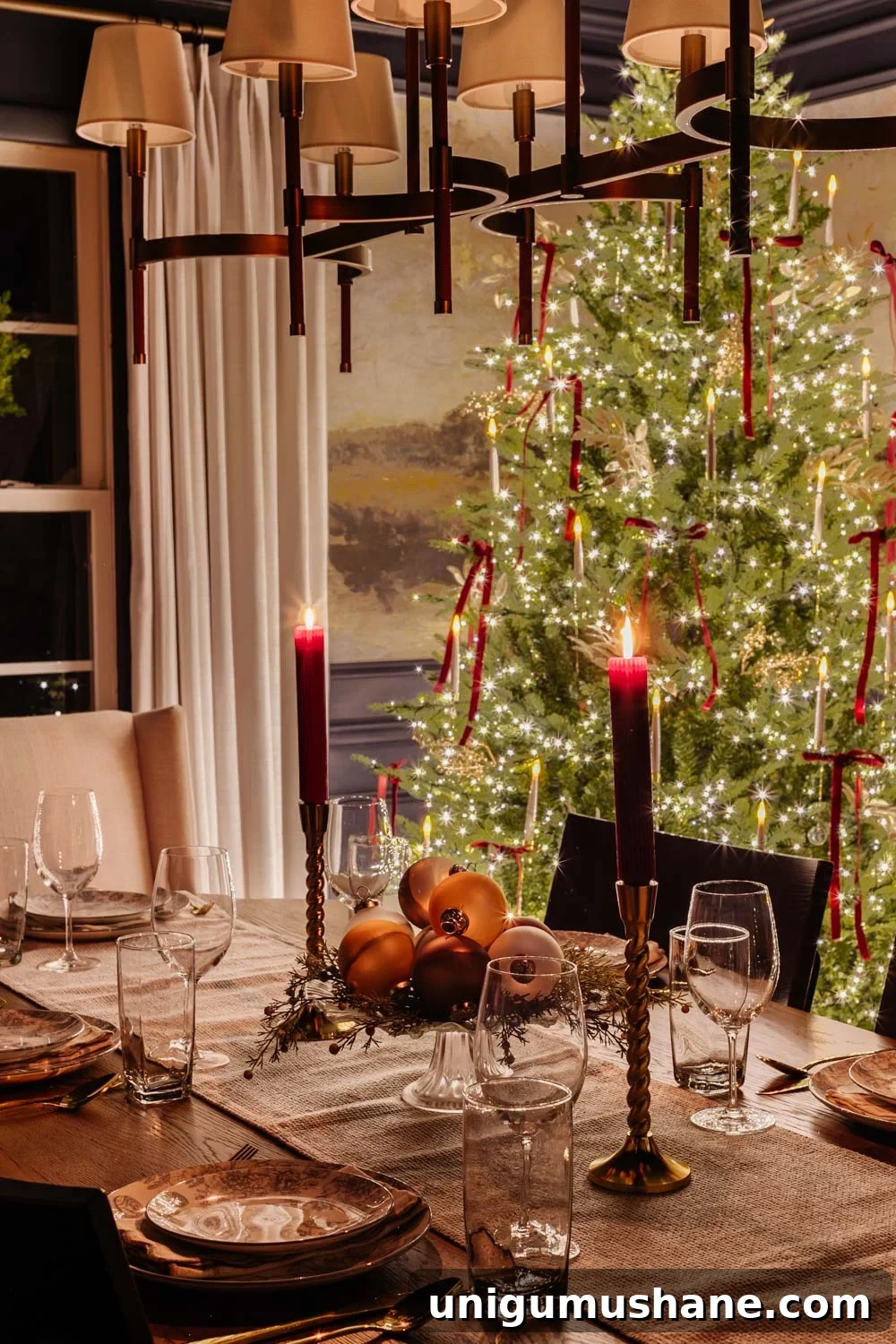 candlelight Christmas dining room table with centerpiece