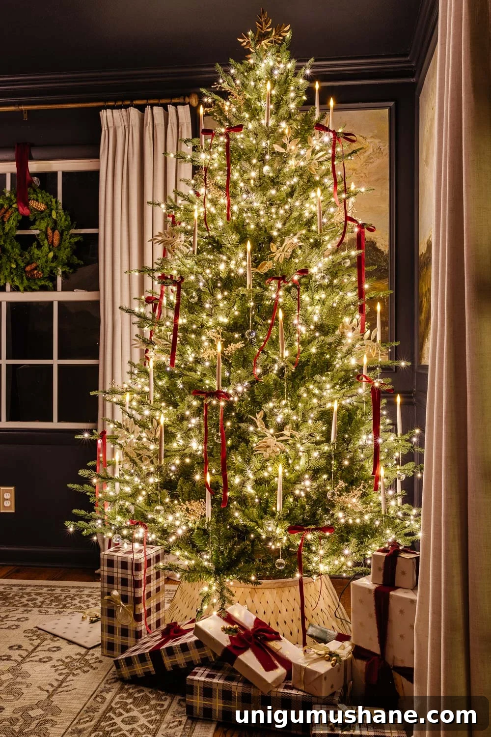 dining room Christmas tree at night in candlelight