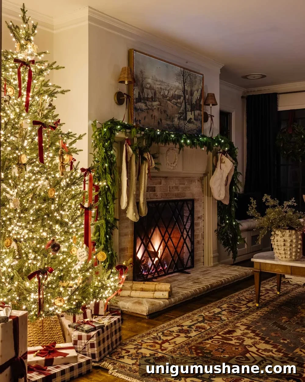 candlelight Christmas tour in living room with tree and traditional fireplace